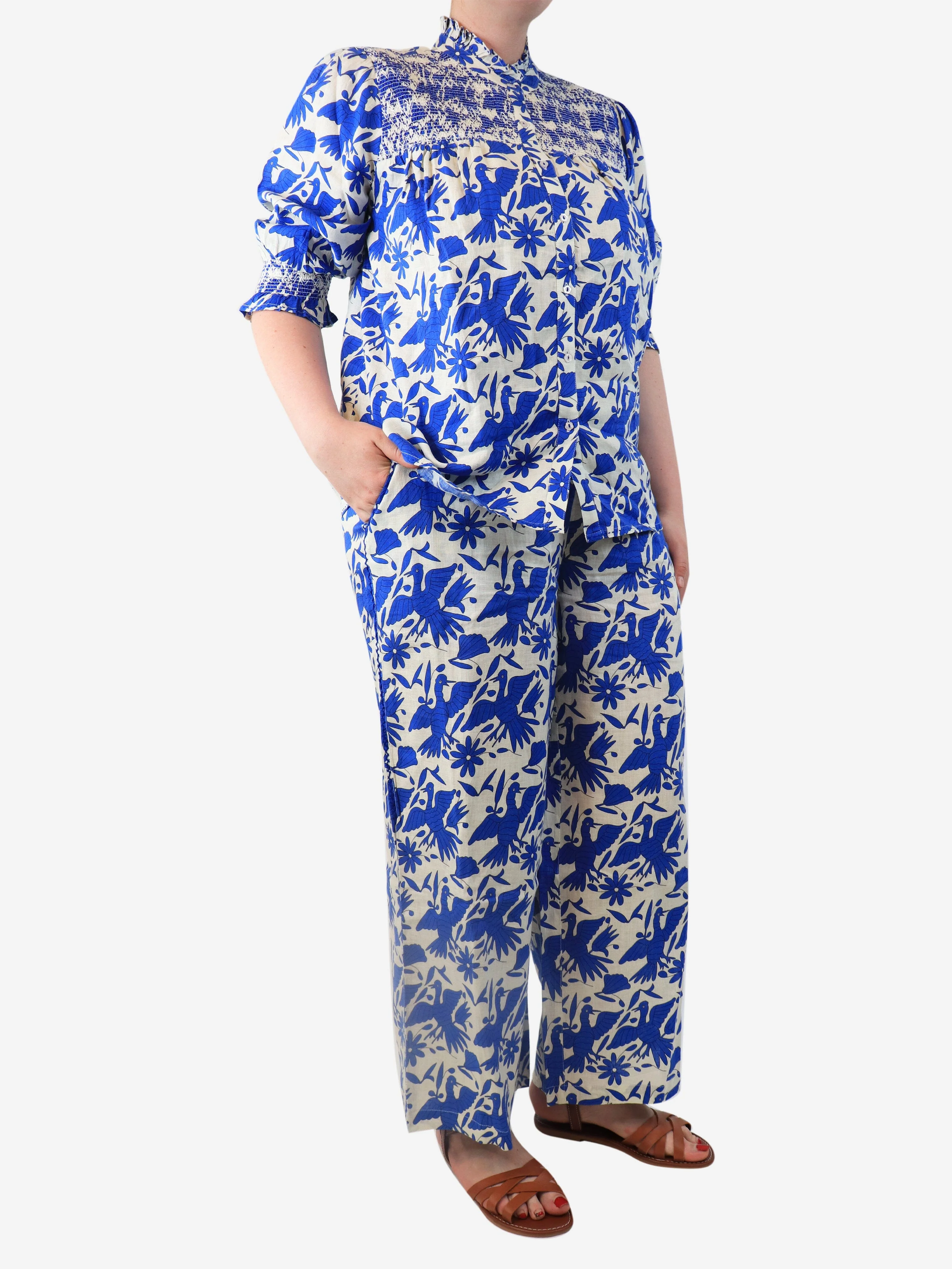 Blue bird-print linen blouse and trouser set - size M - Image 3