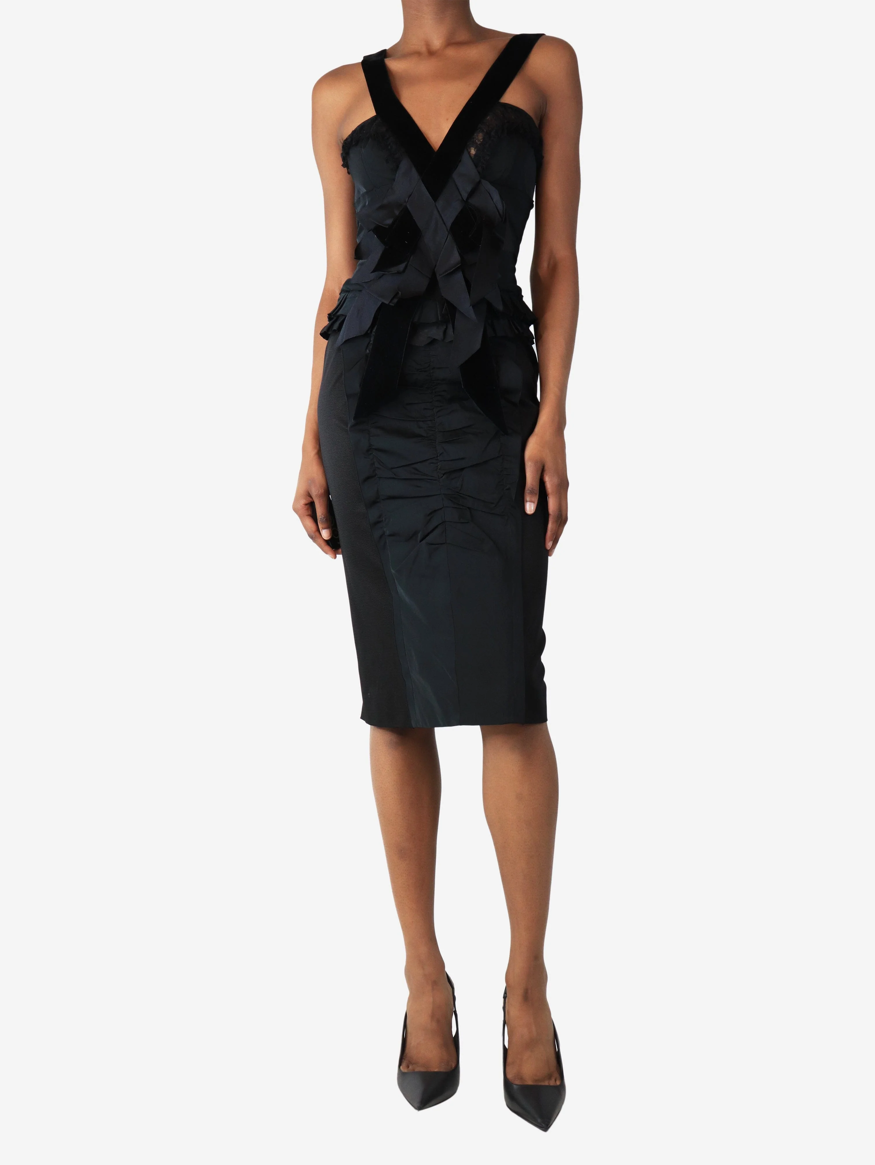 Black ruffled midi dress - size UK 8