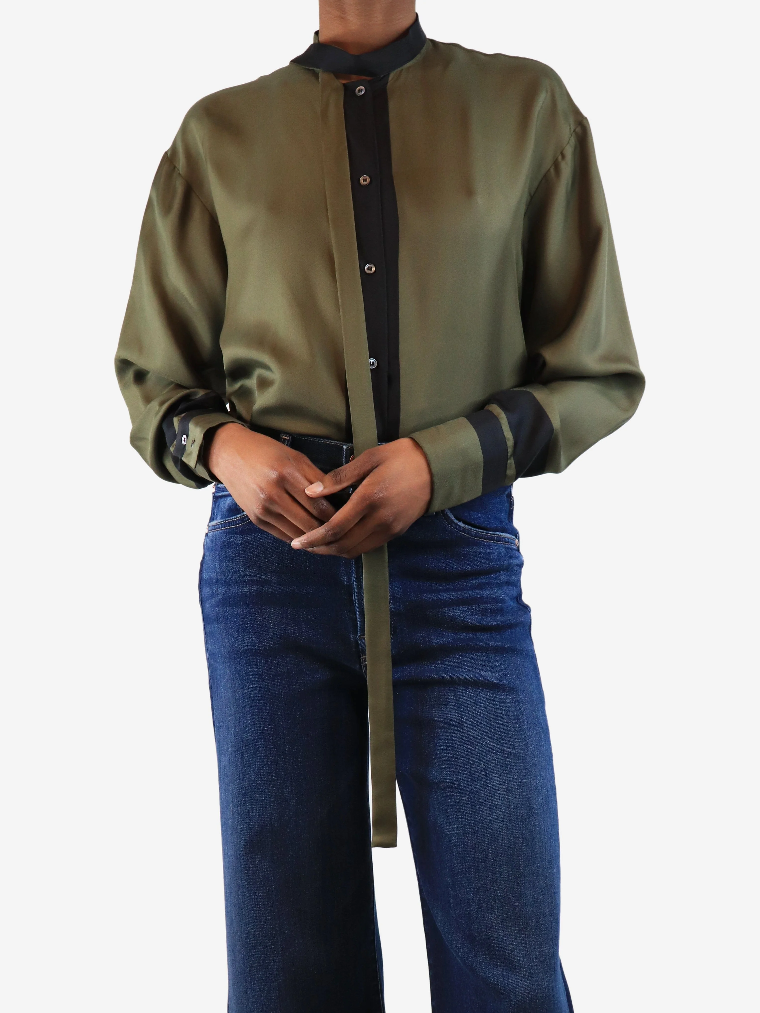 Olive green silk neck-tie blouse - size UK 6
