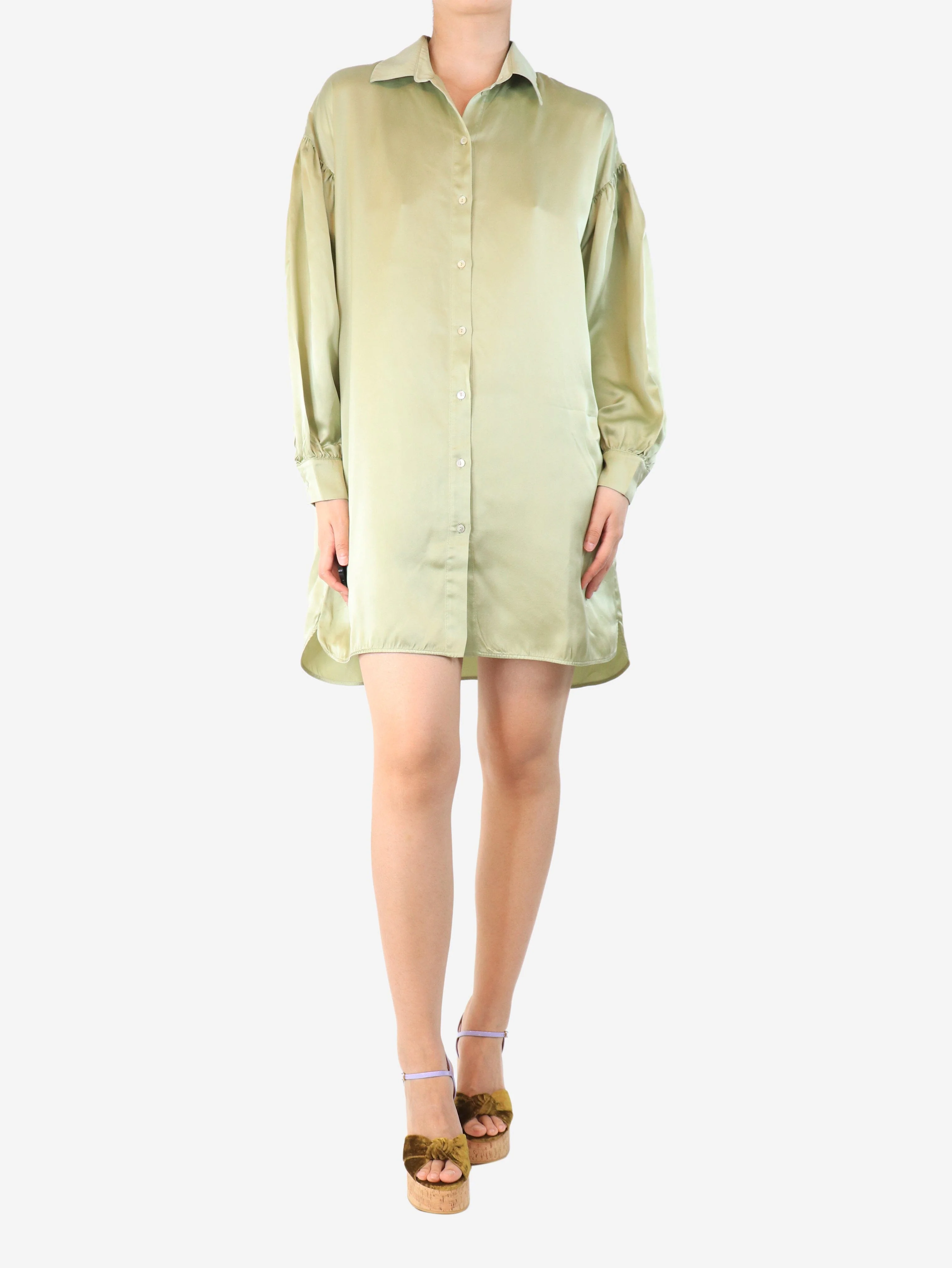 Olive green silk shirt dress - size S