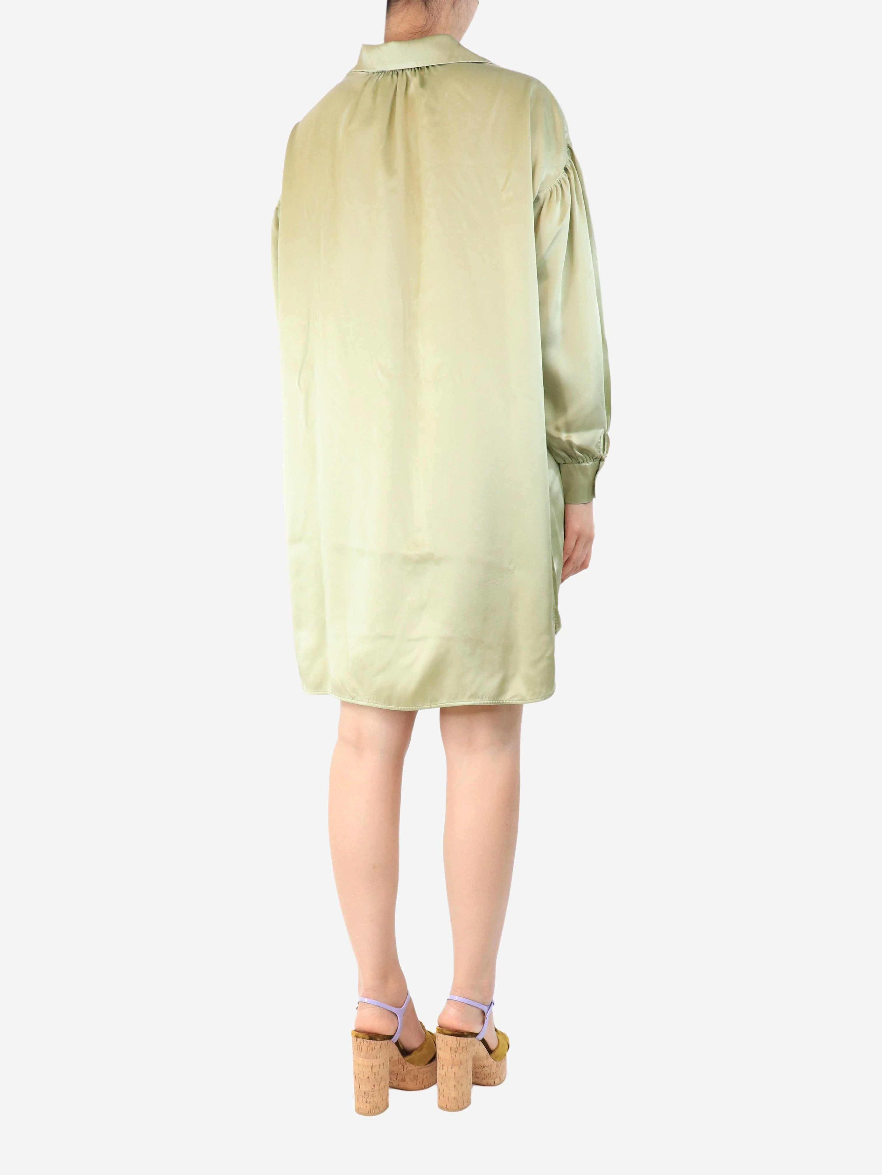Olive green silk shirt dress - size S - Image 2