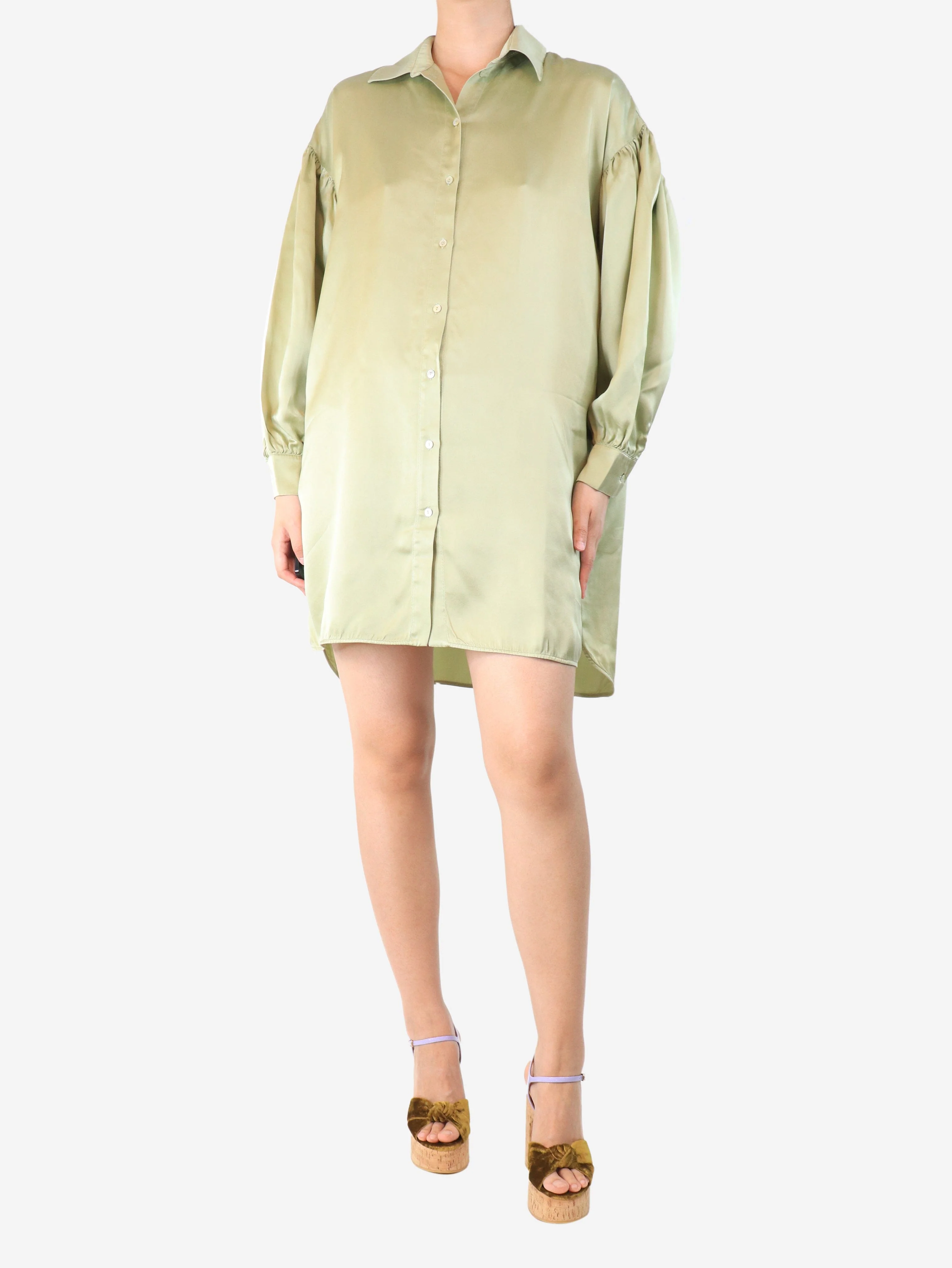 Olive green silk shirt dress - size S - Image 3