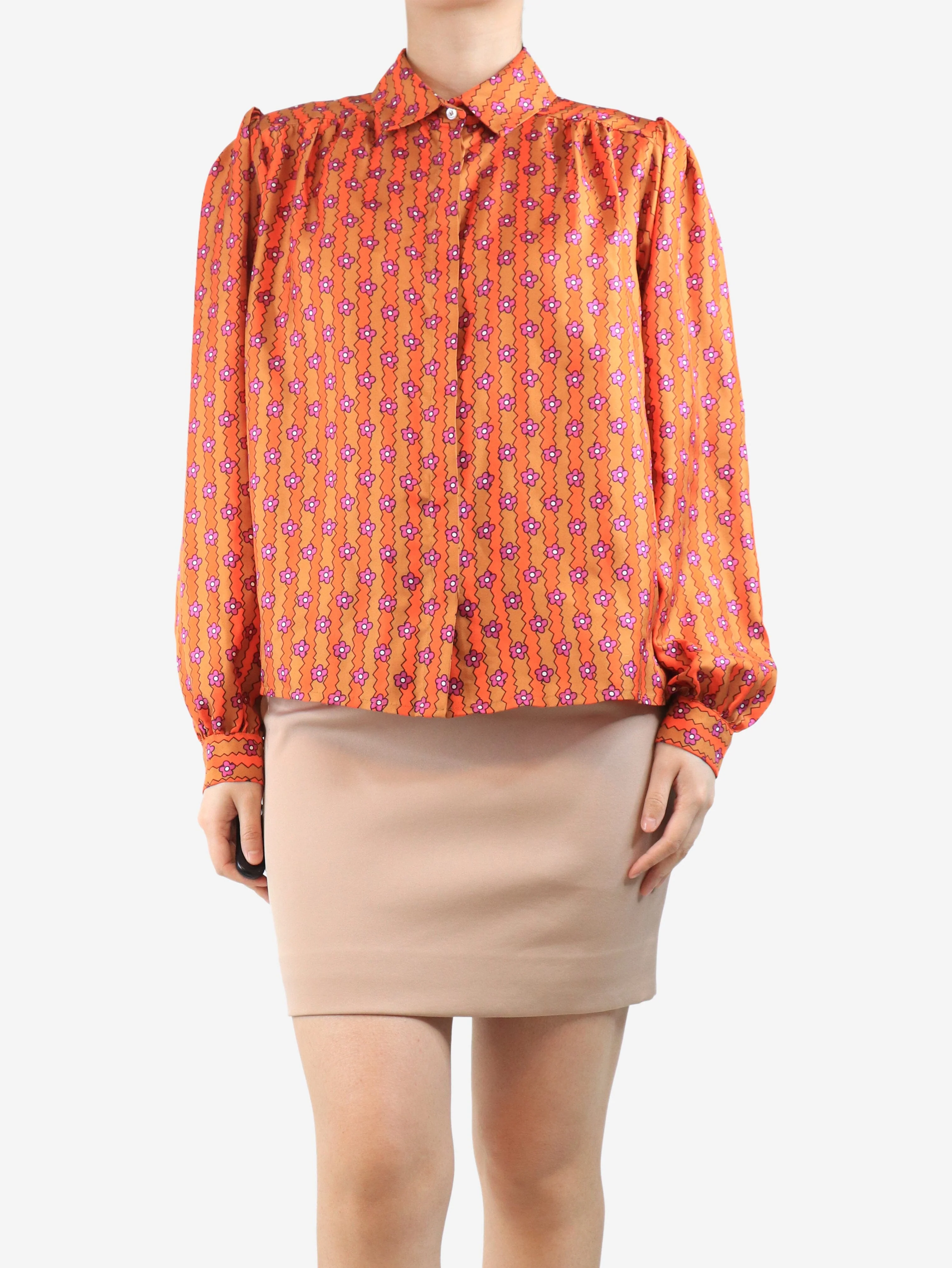 Orange floral print silk blouse - size UK 10