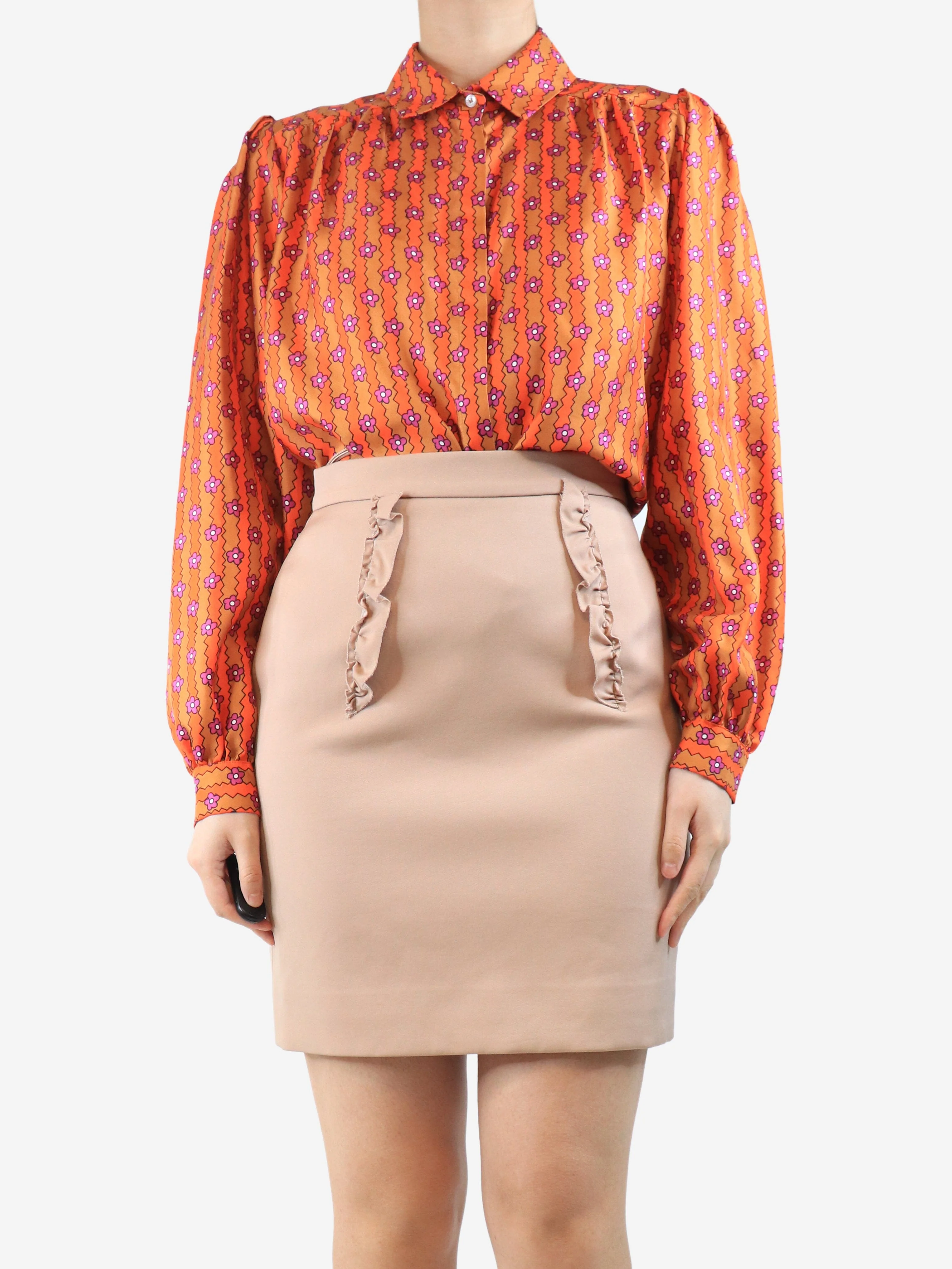 Orange floral print silk blouse - size UK 10 - Image 3