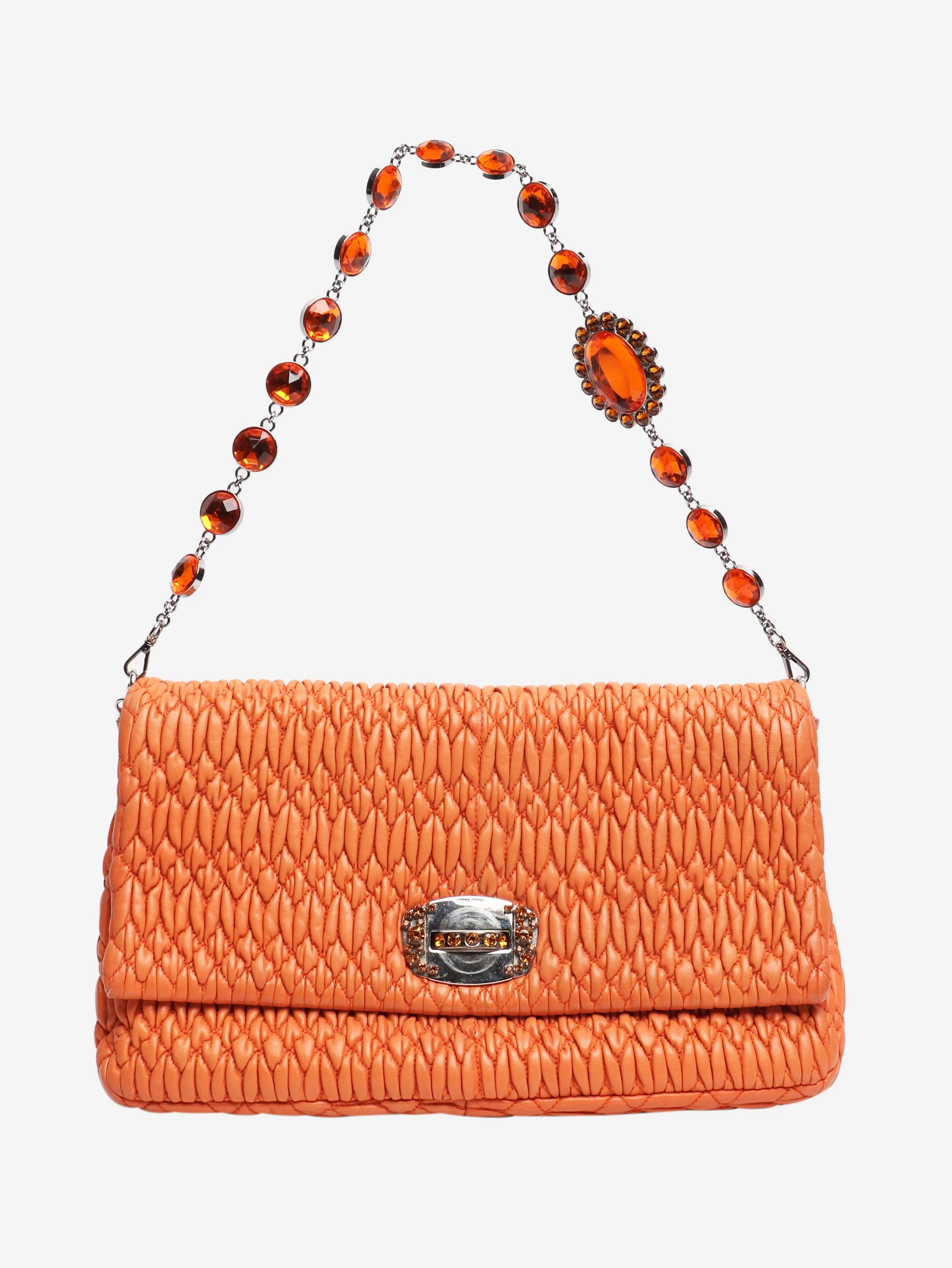Orange leather crystal flap shoulder bag