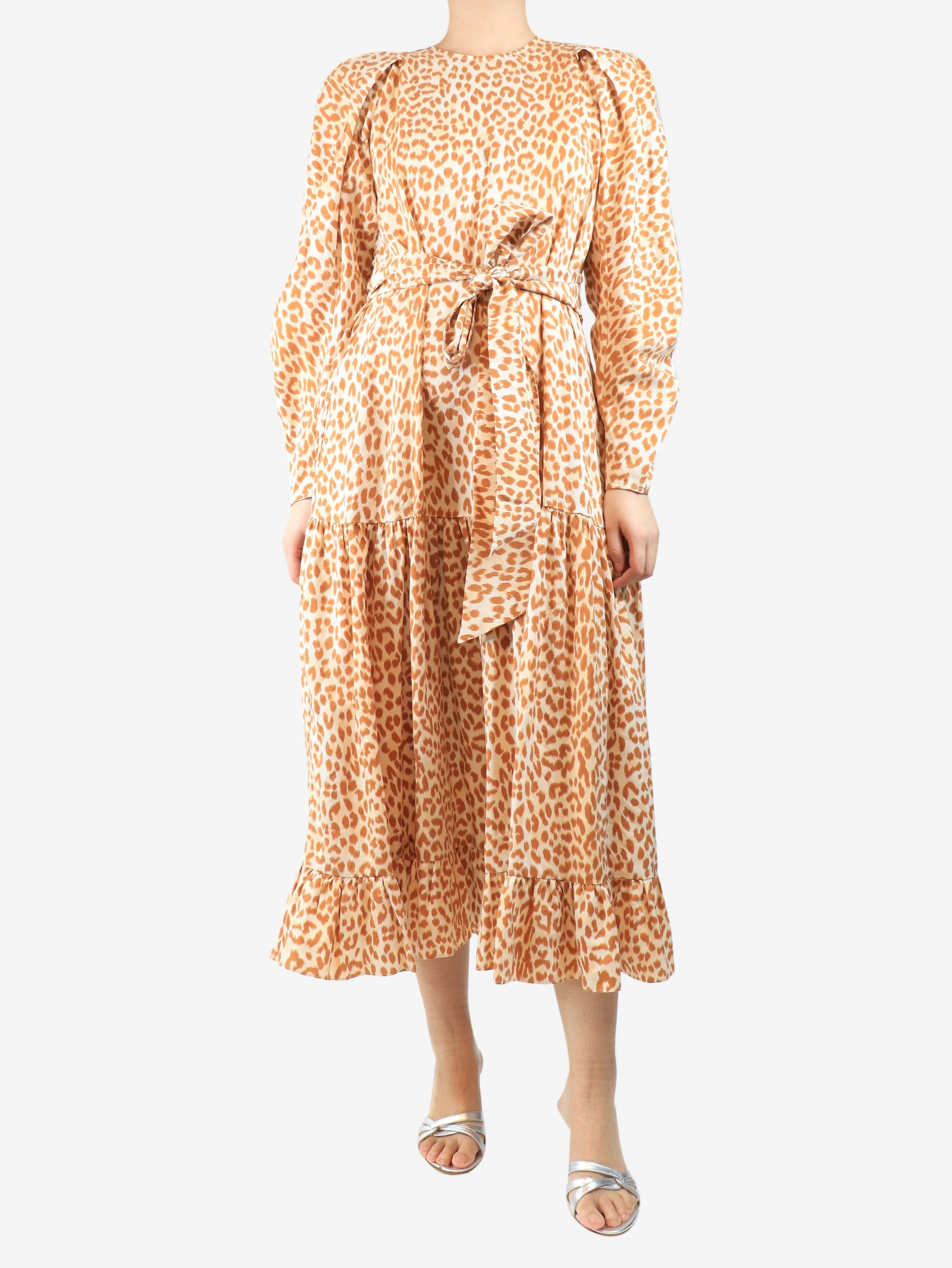 Orange leopard printed midi dress - size UK 10