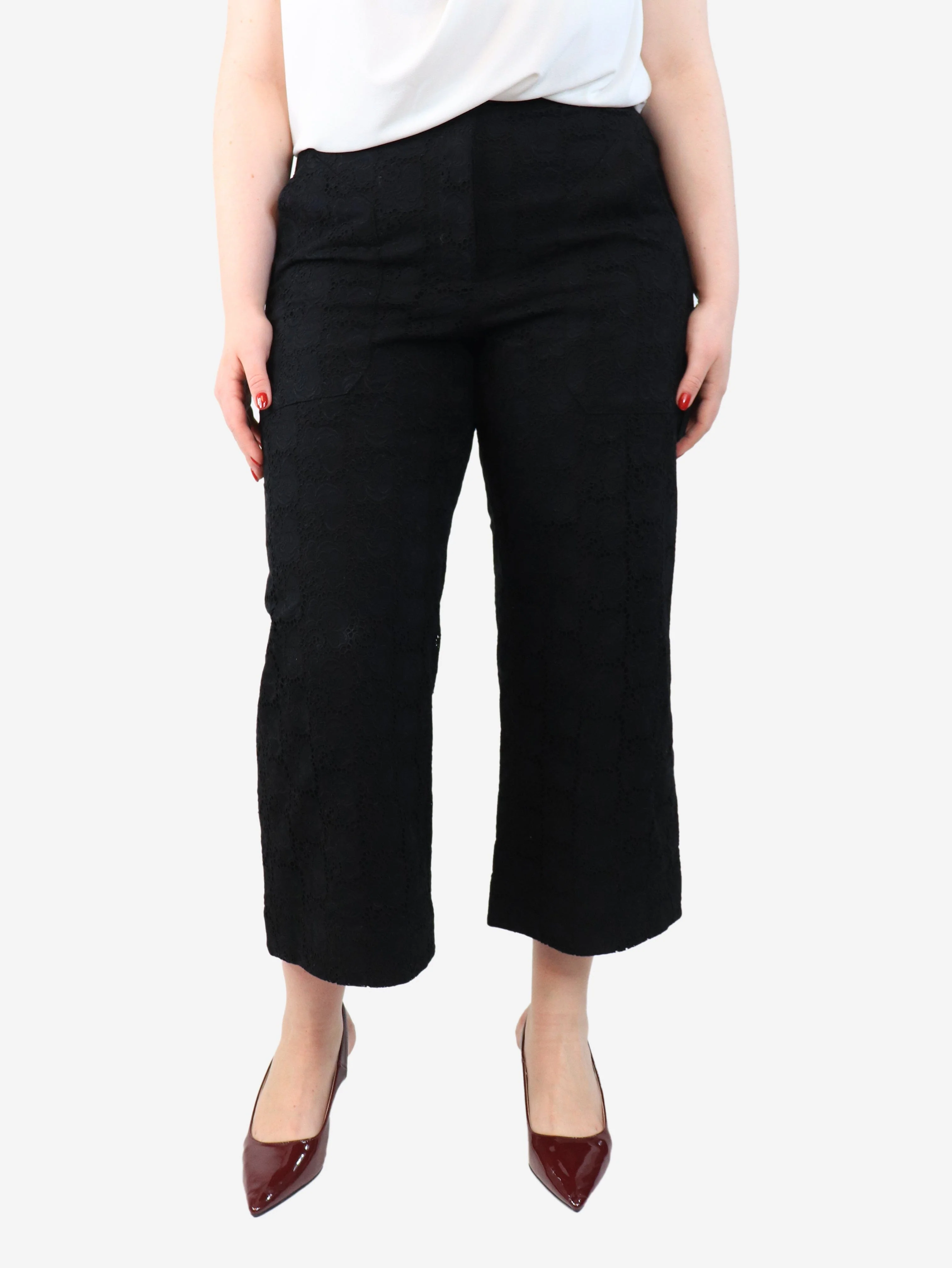 Black broderie-anglaise trousers - size UK 14