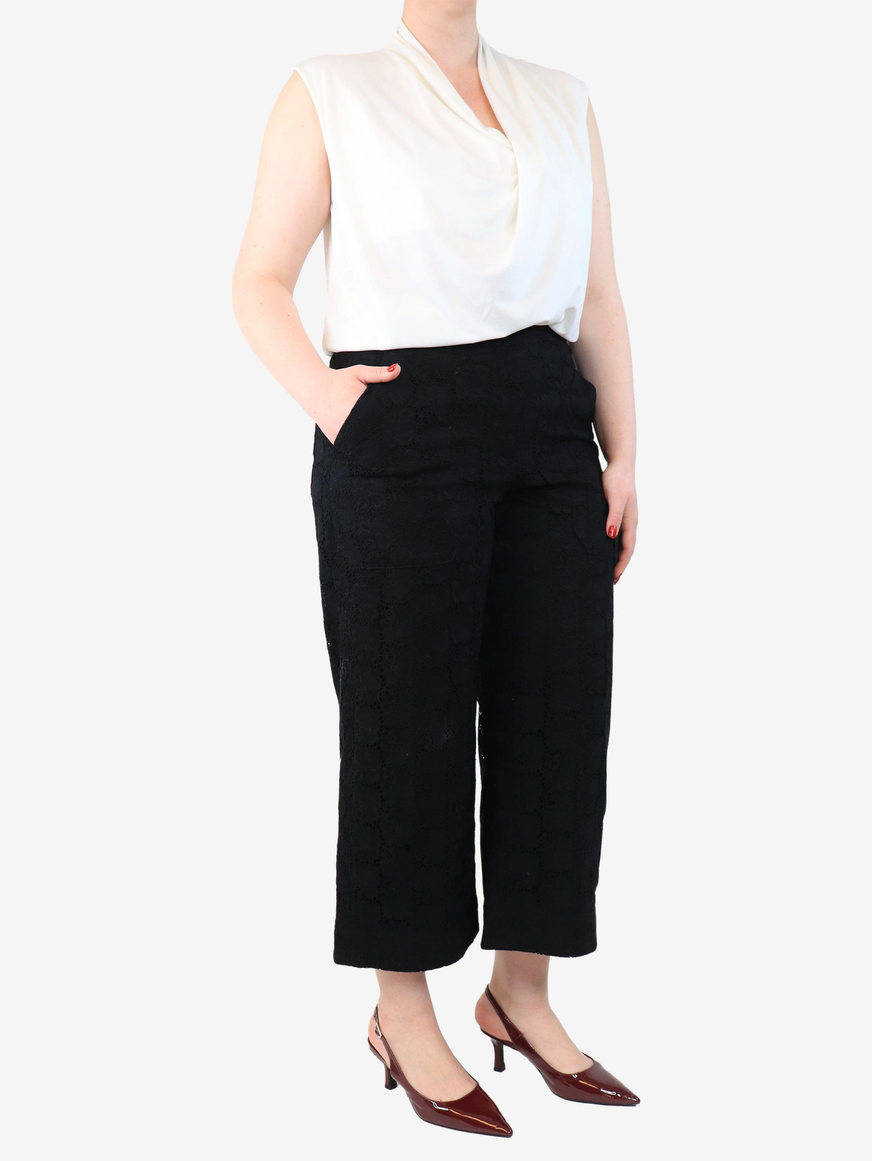 Black broderie-anglaise trousers - size UK 14 - Image 2