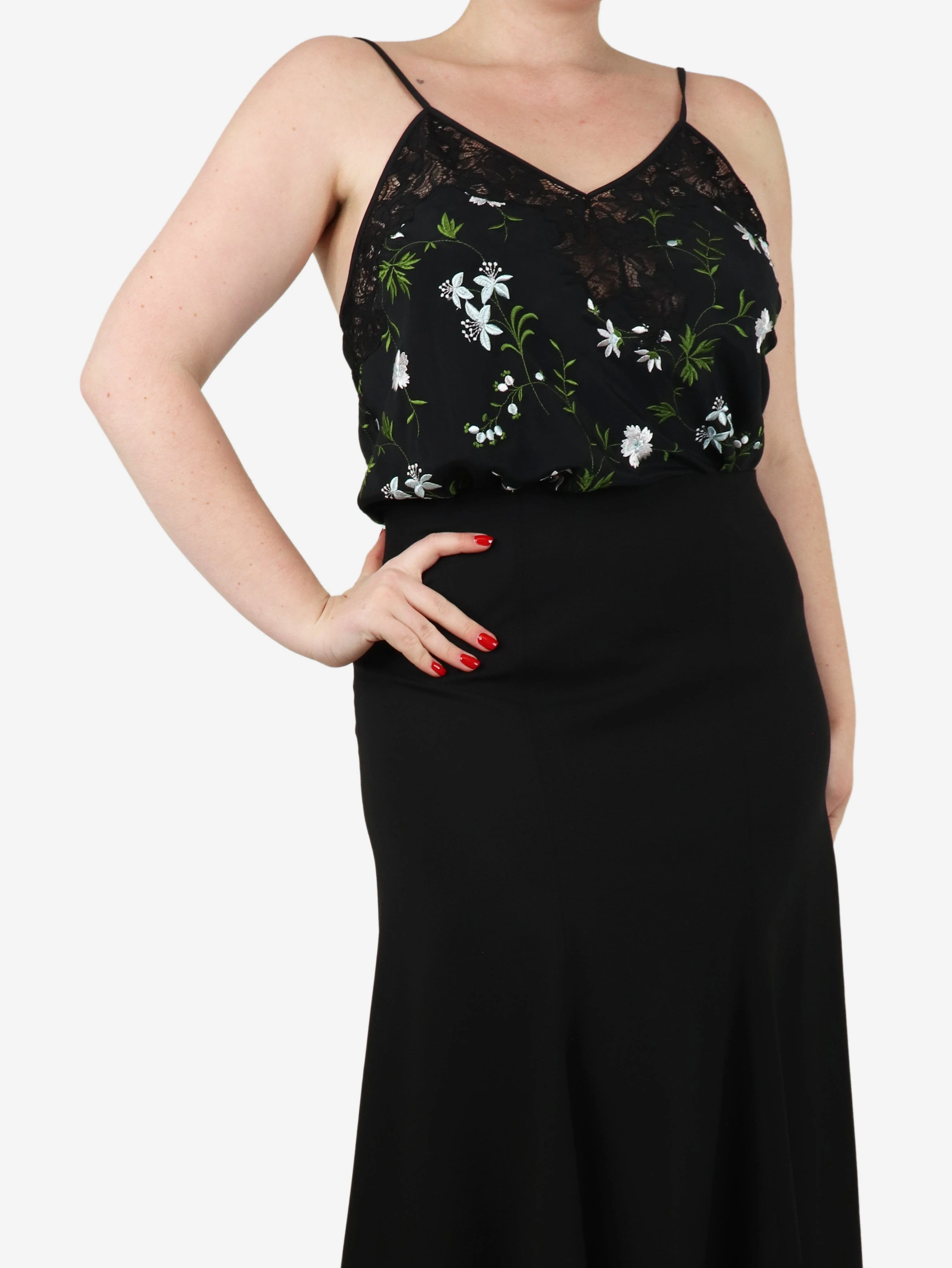 Black embroidered floral cami lace top - size UK 12