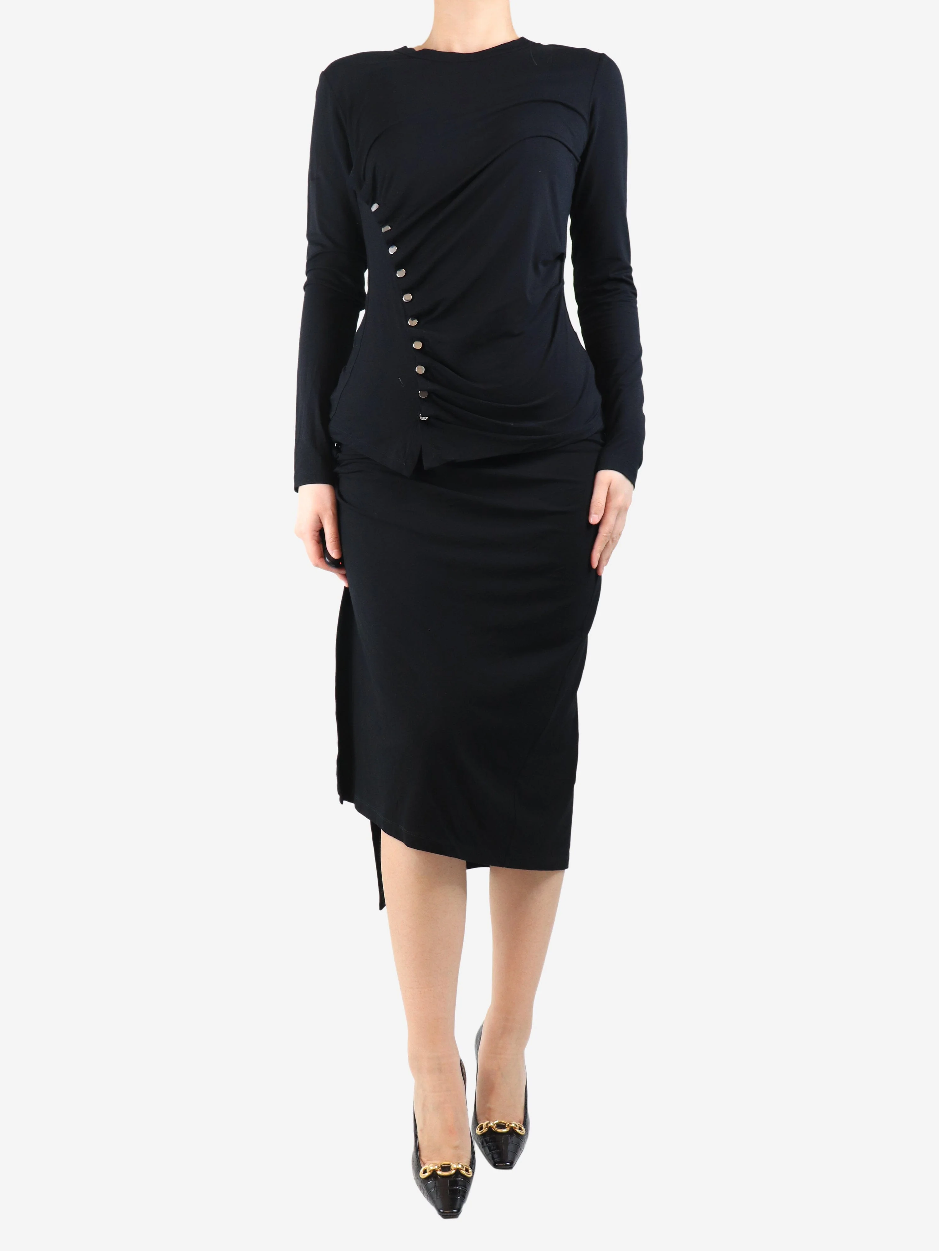 Black ruched top and skirt set - size UK 10