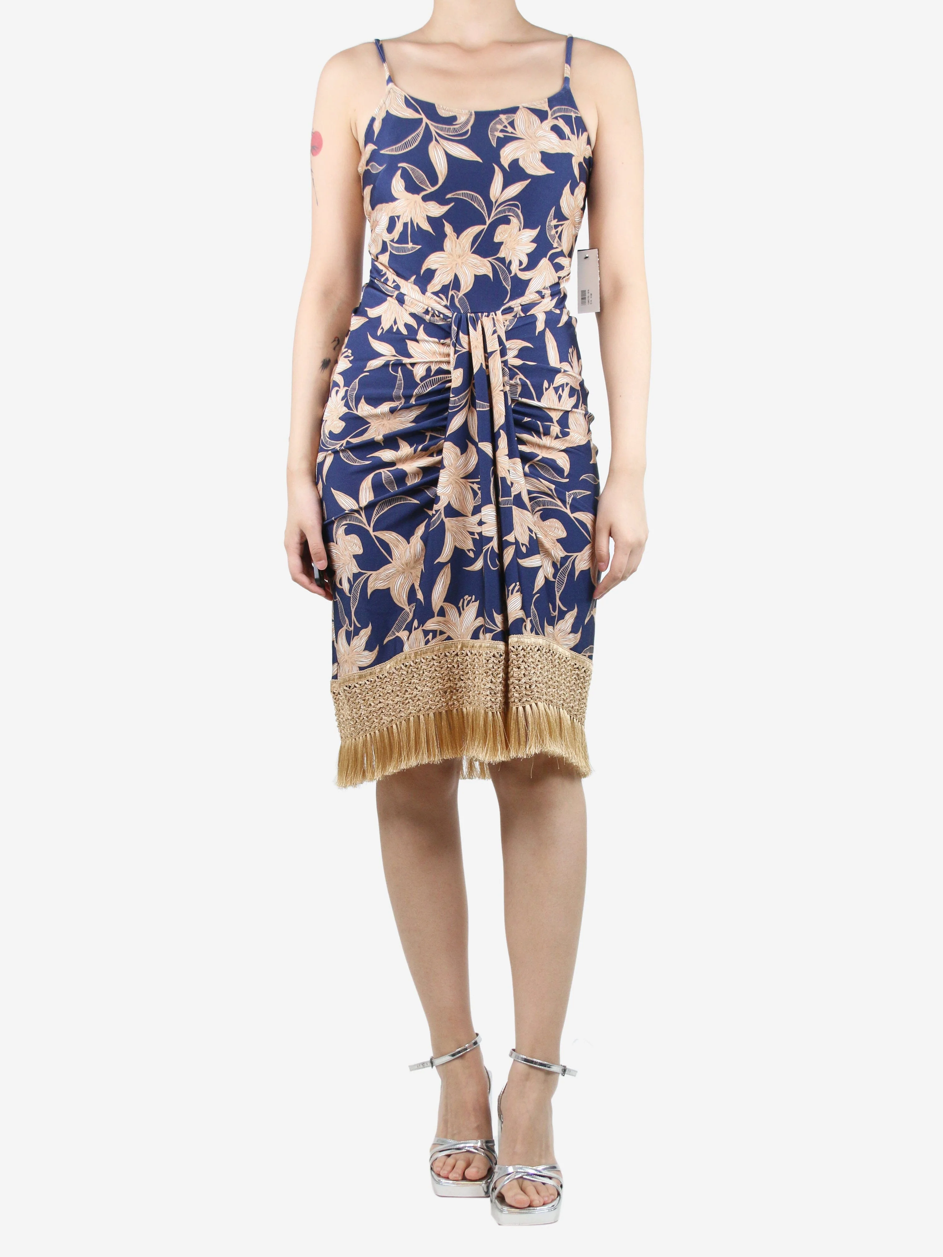 Blue floral-printed fringe mini dress - size L