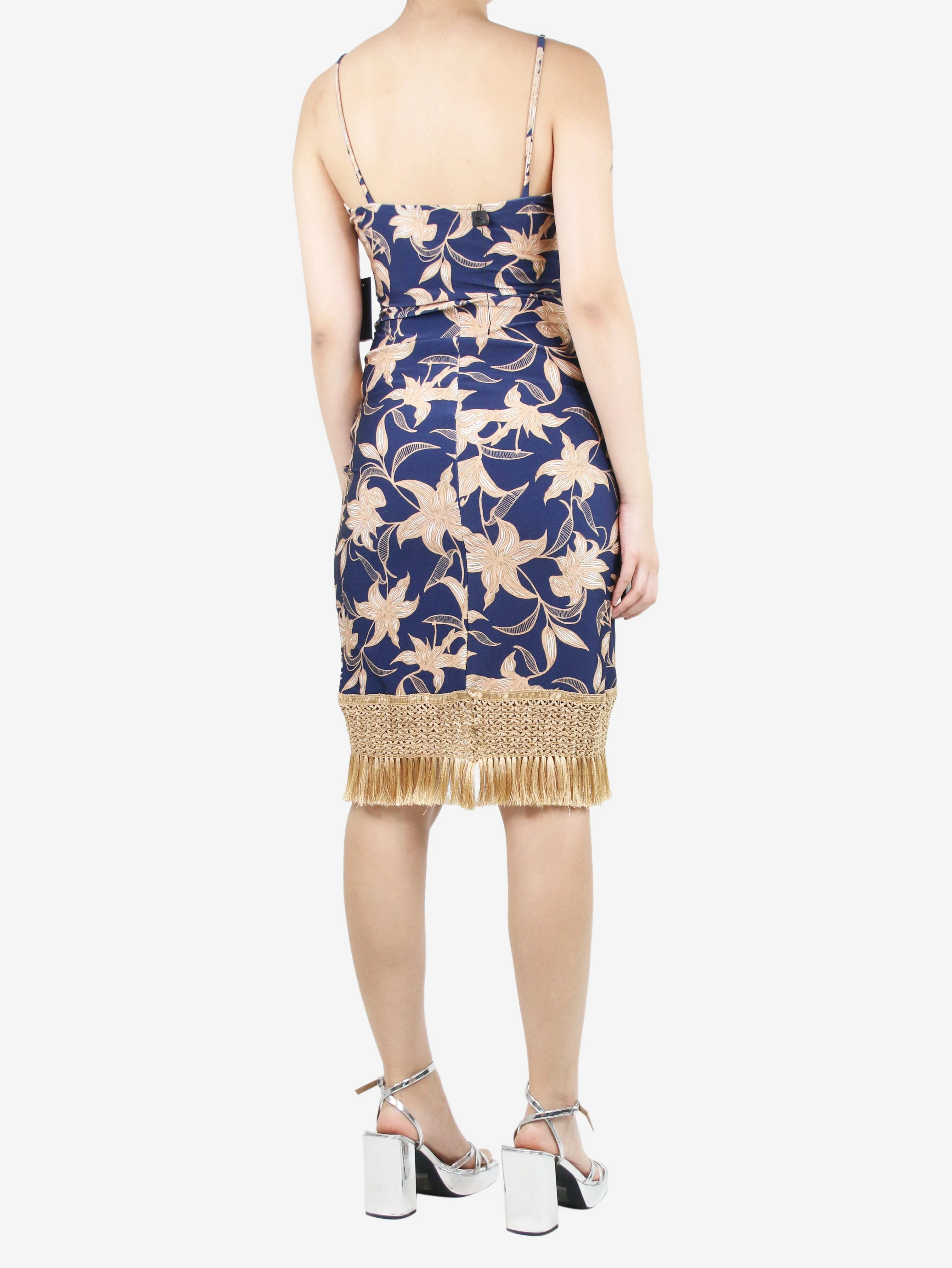 Blue floral-printed fringe mini dress - size L - Image 2