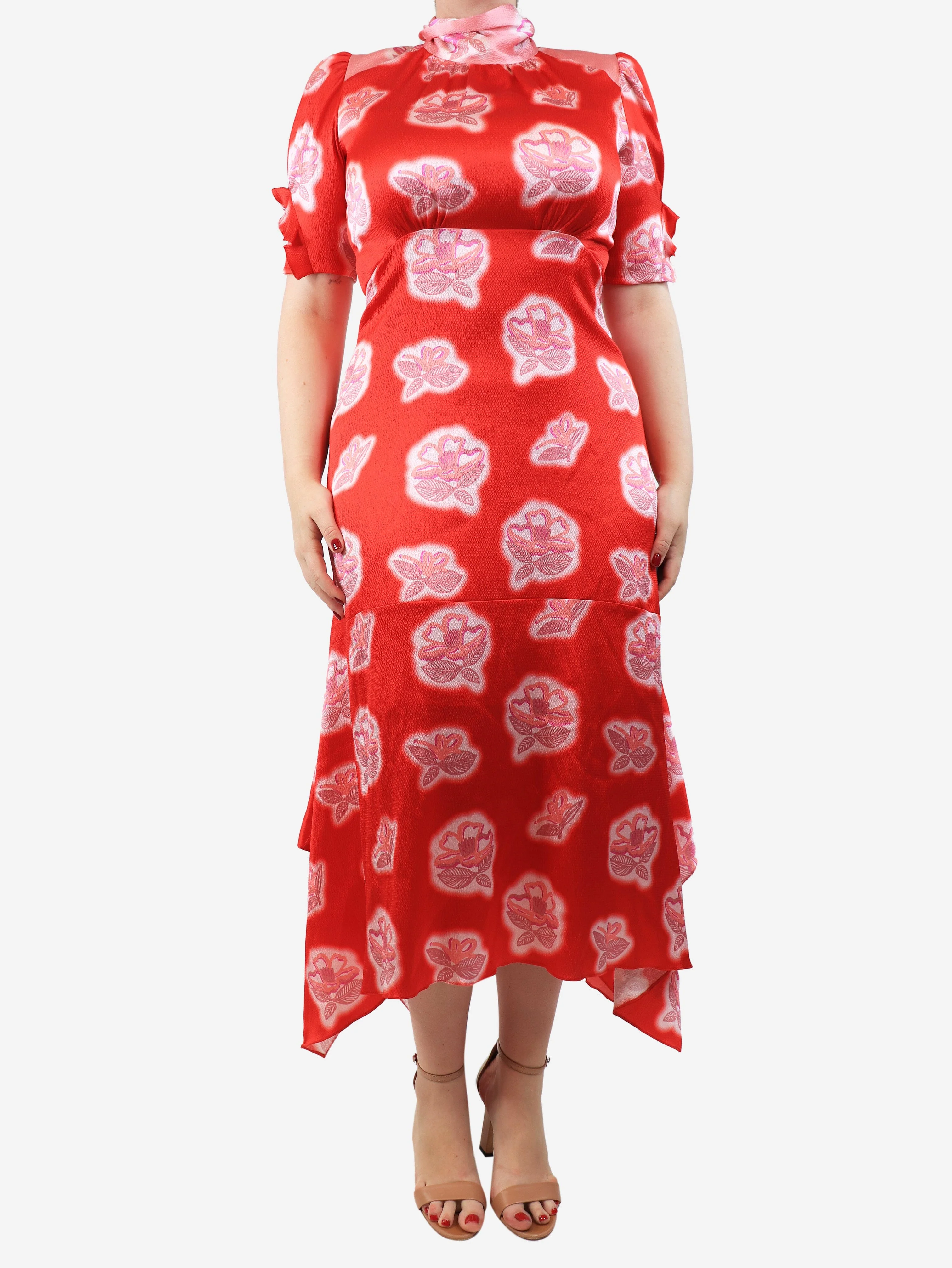 Red floral tie-neck midi dress - size UK 14