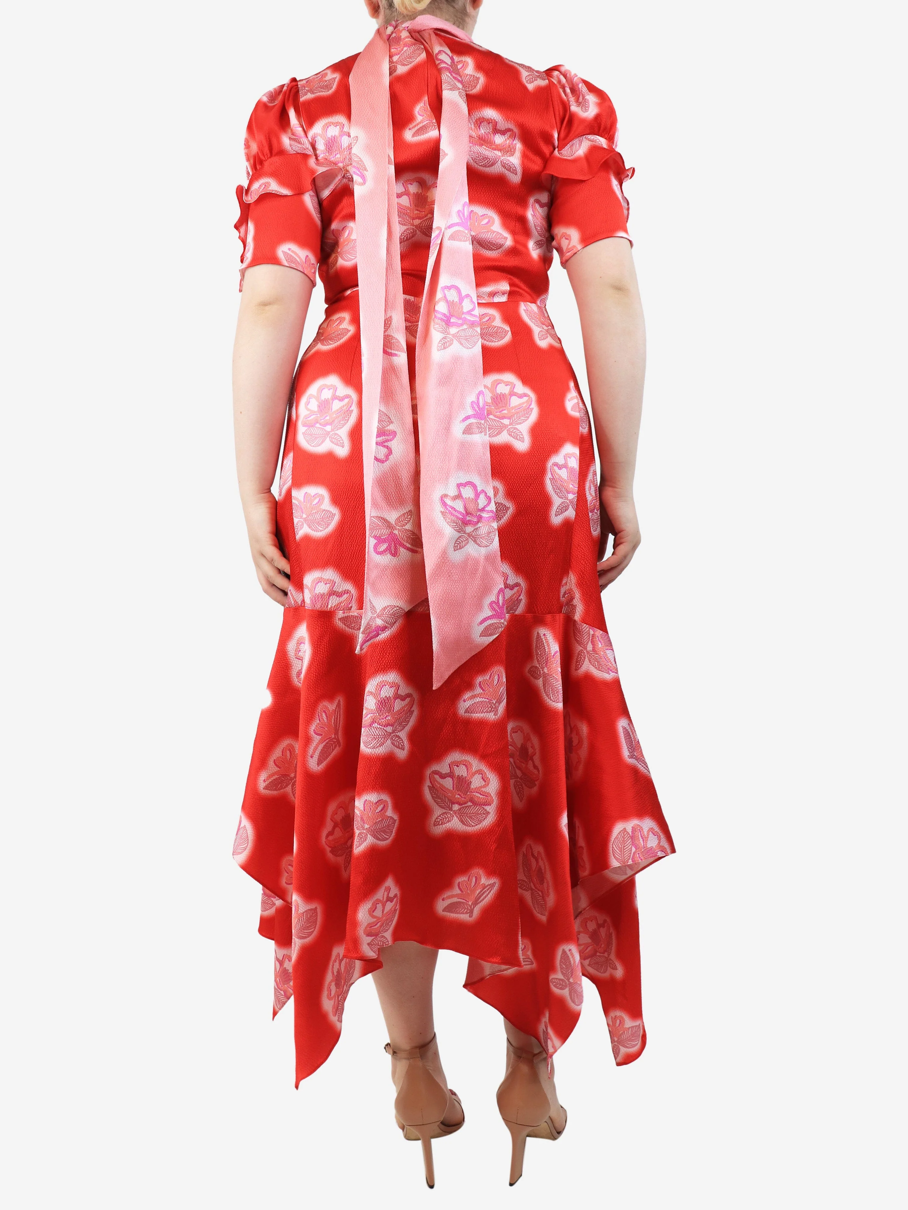 Red floral tie-neck midi dress - size UK 14 - Image 2