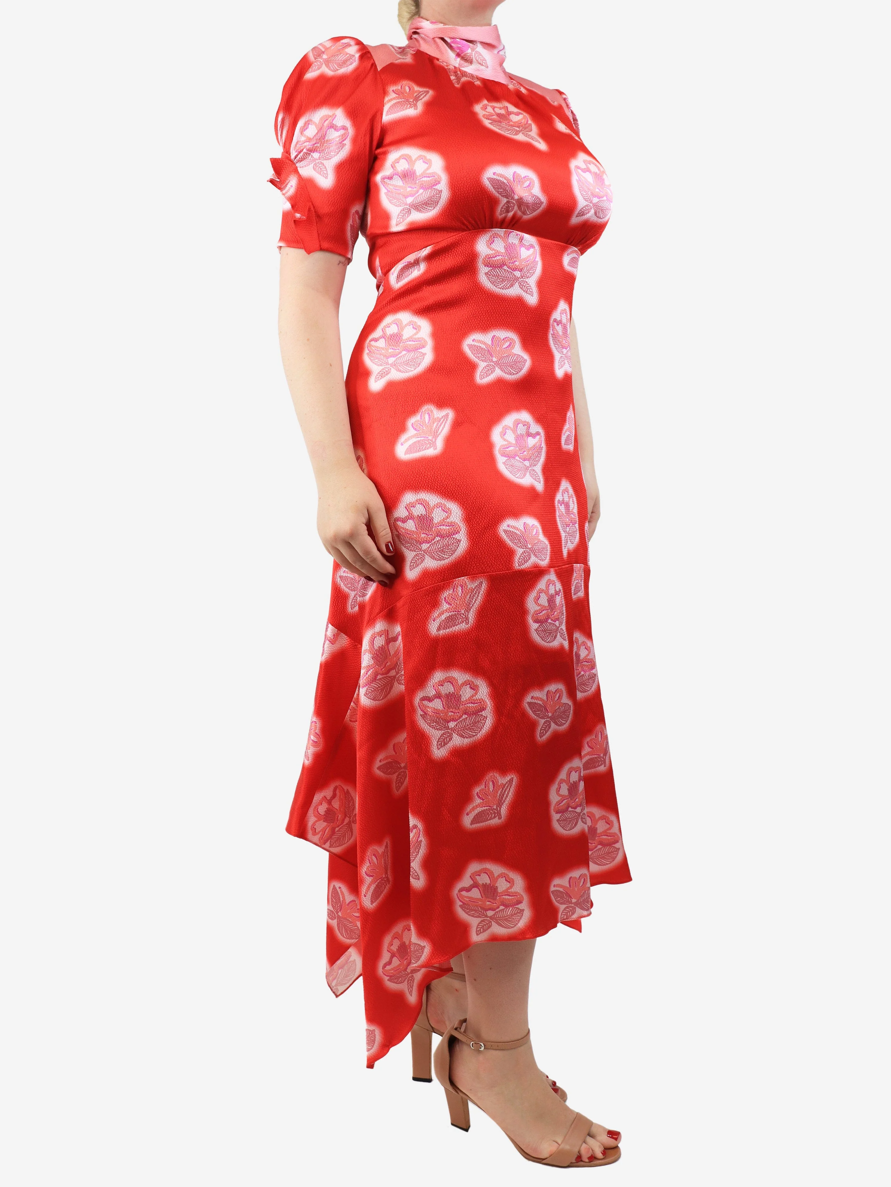 Red floral tie-neck midi dress - size UK 14 - Image 3
