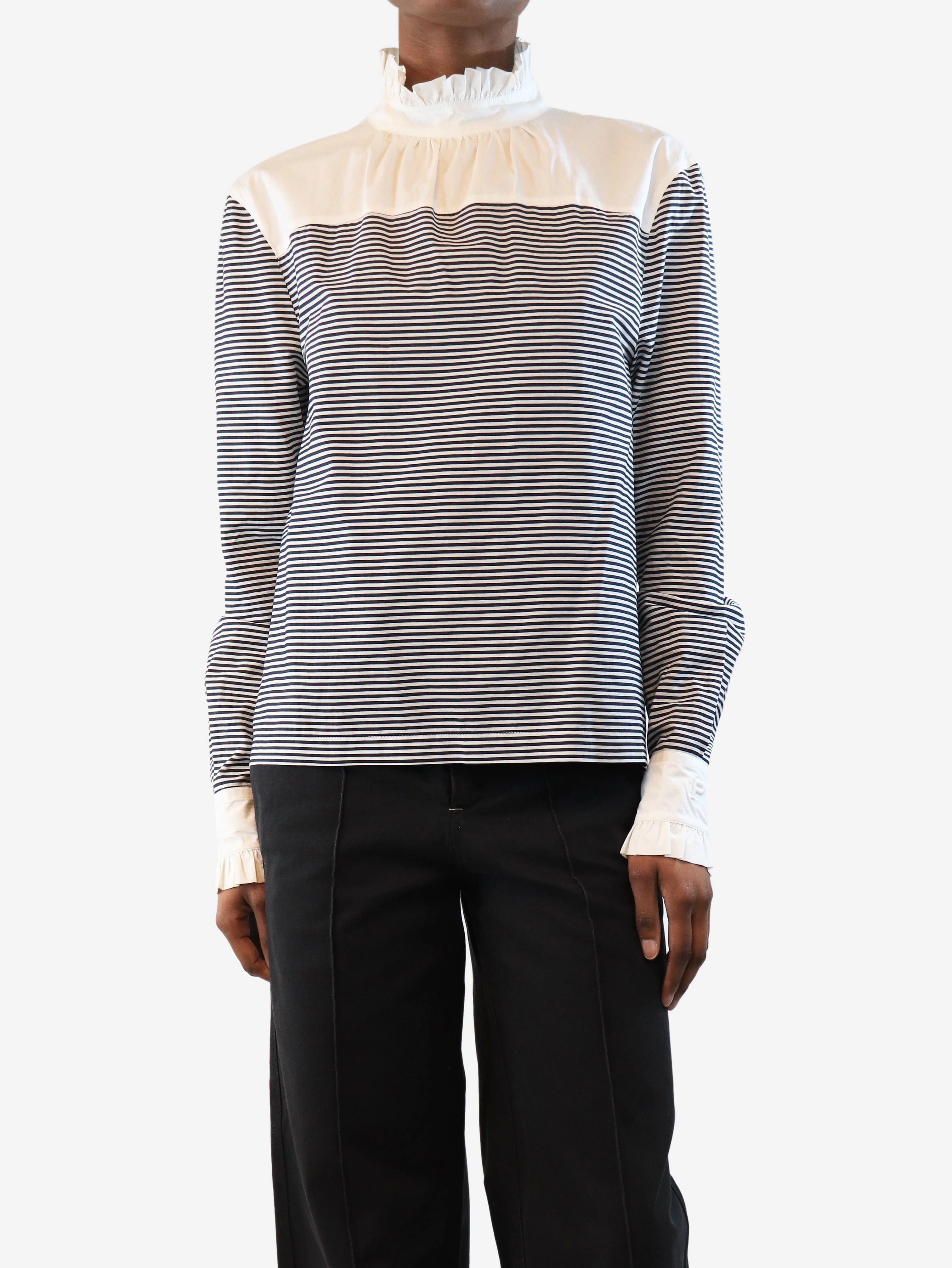 Black and white striped high-neck blouse - size UK 6