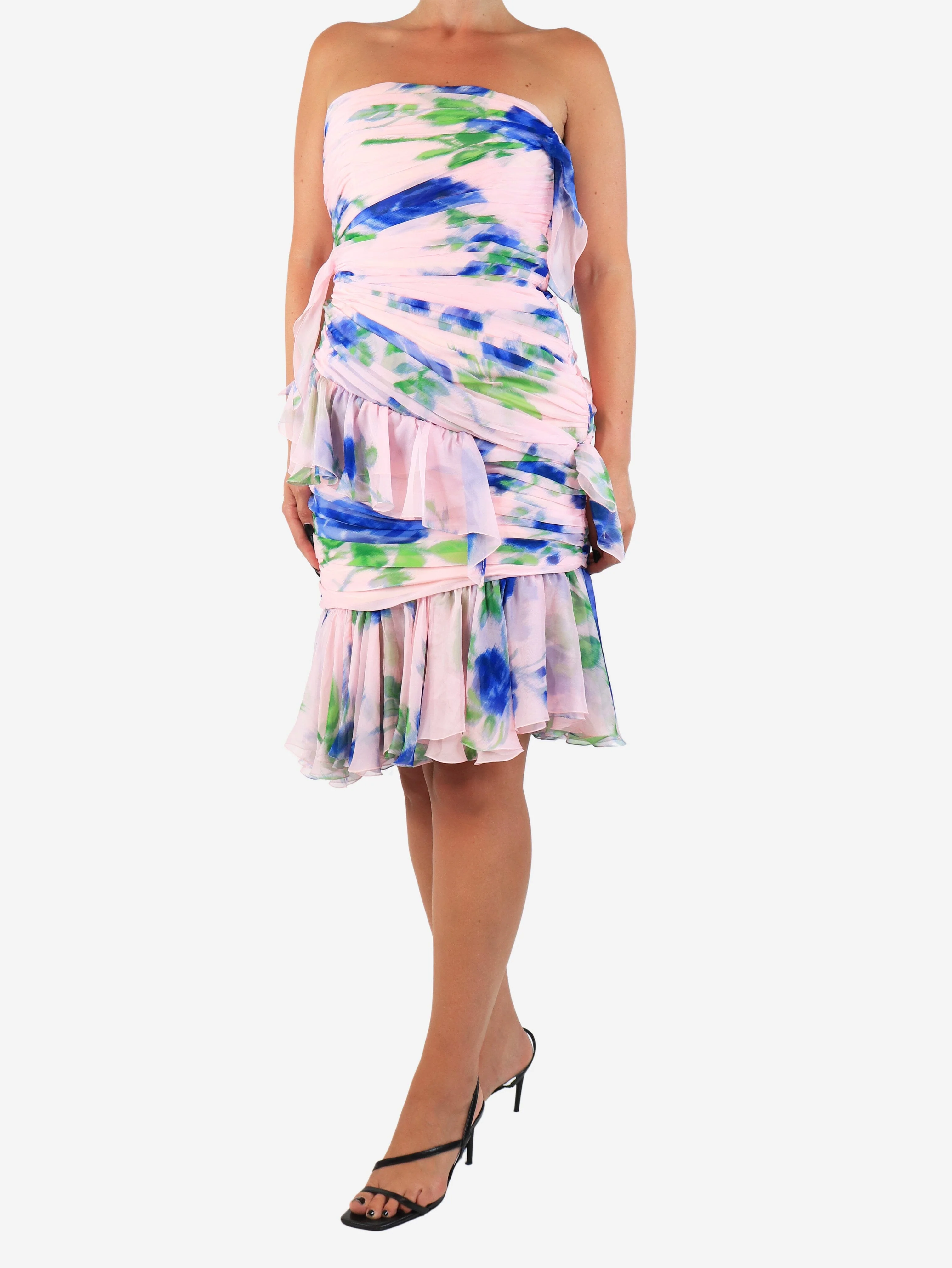 Pink dye print strapless dress - size UK 8 - Image 2