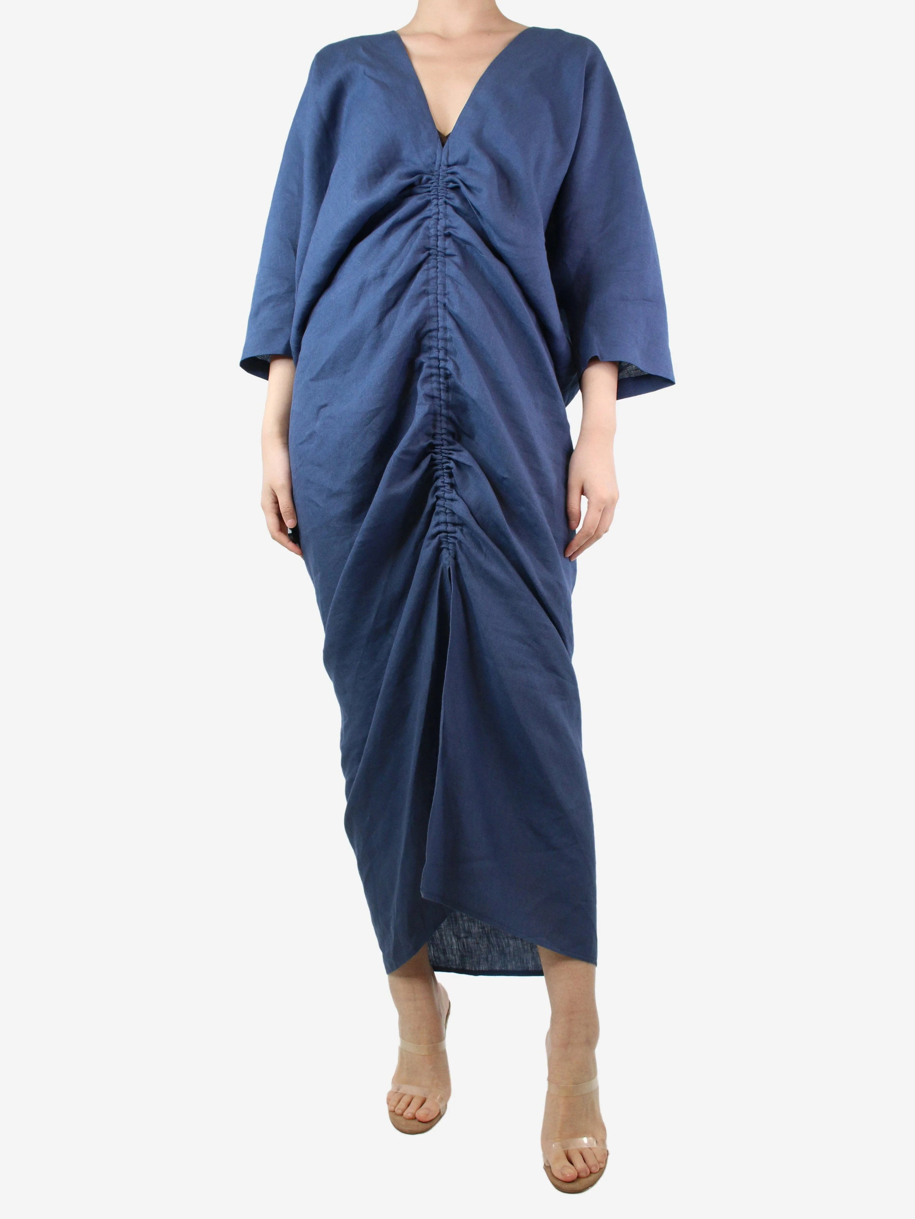 Blue linen gathered v-neck dress - size XS