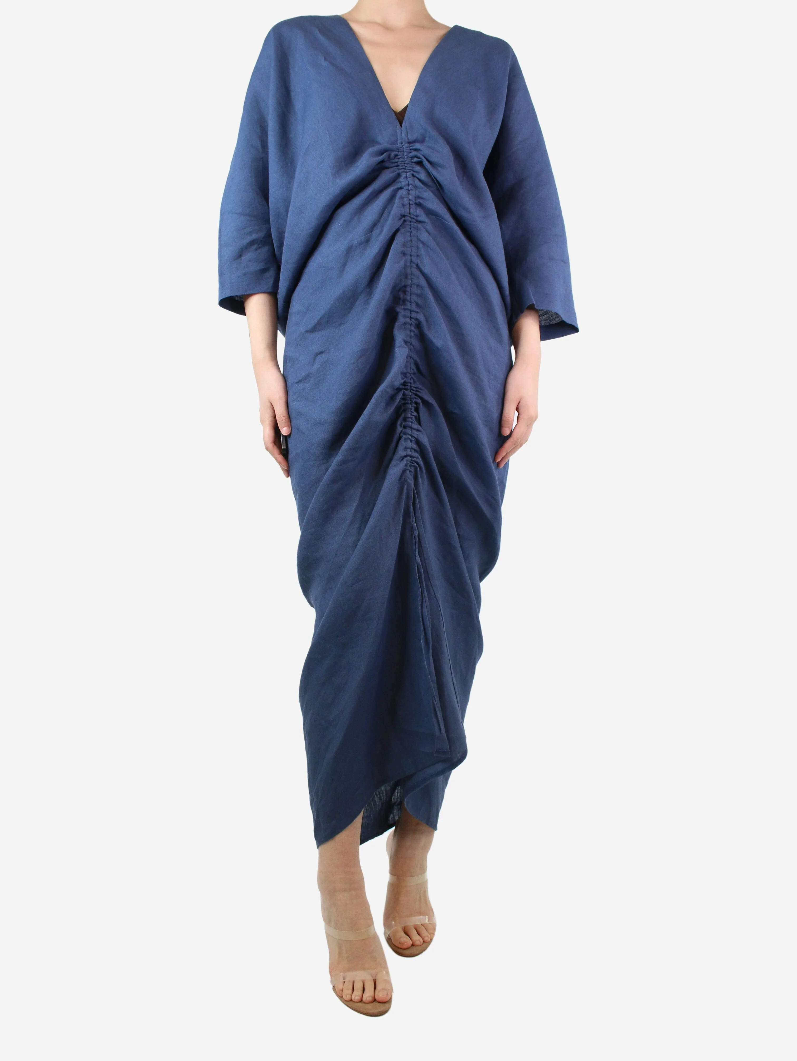 Blue linen gathered v-neck dress - size XS - Image 3