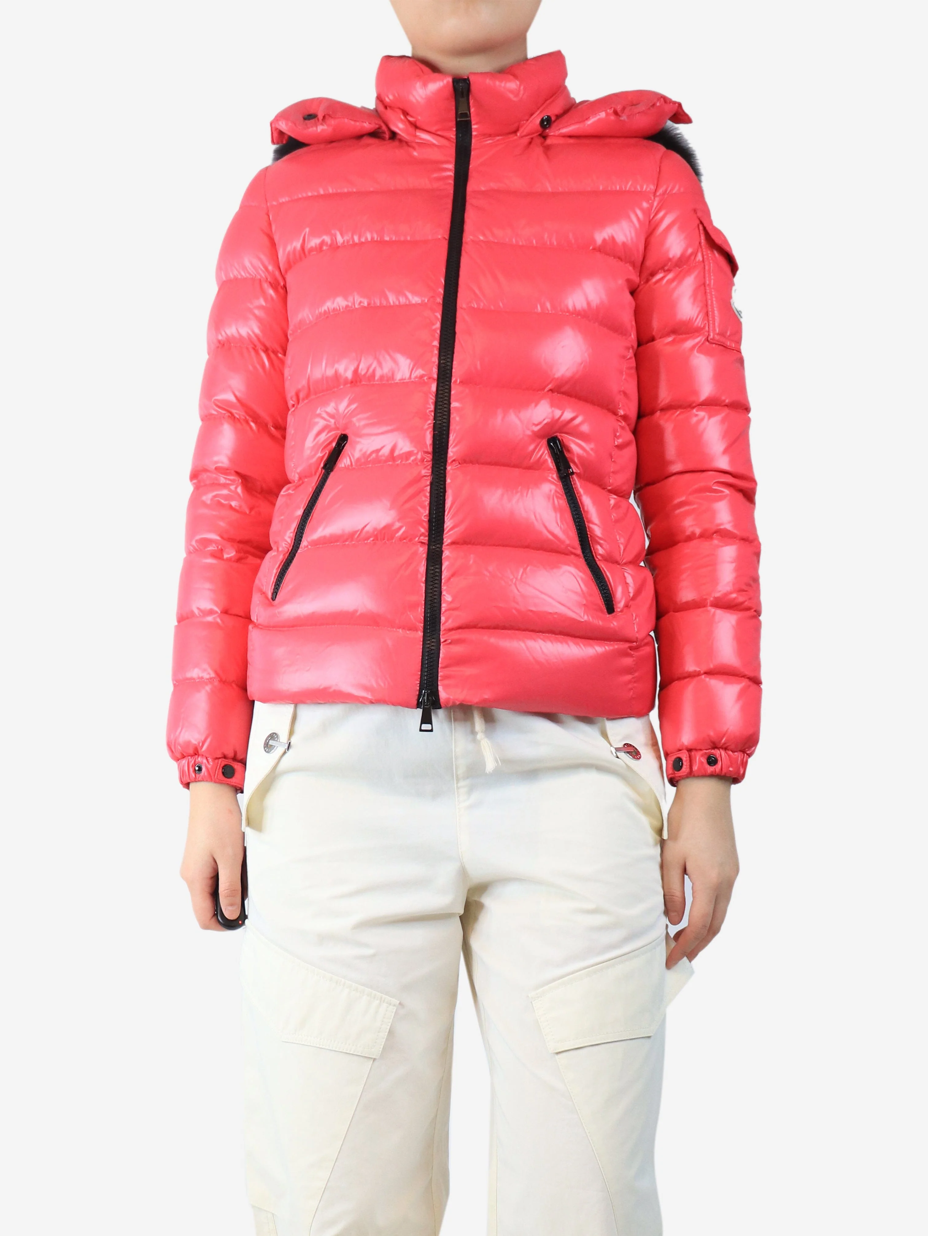 Pink hooded puffer jacket - size UK 10