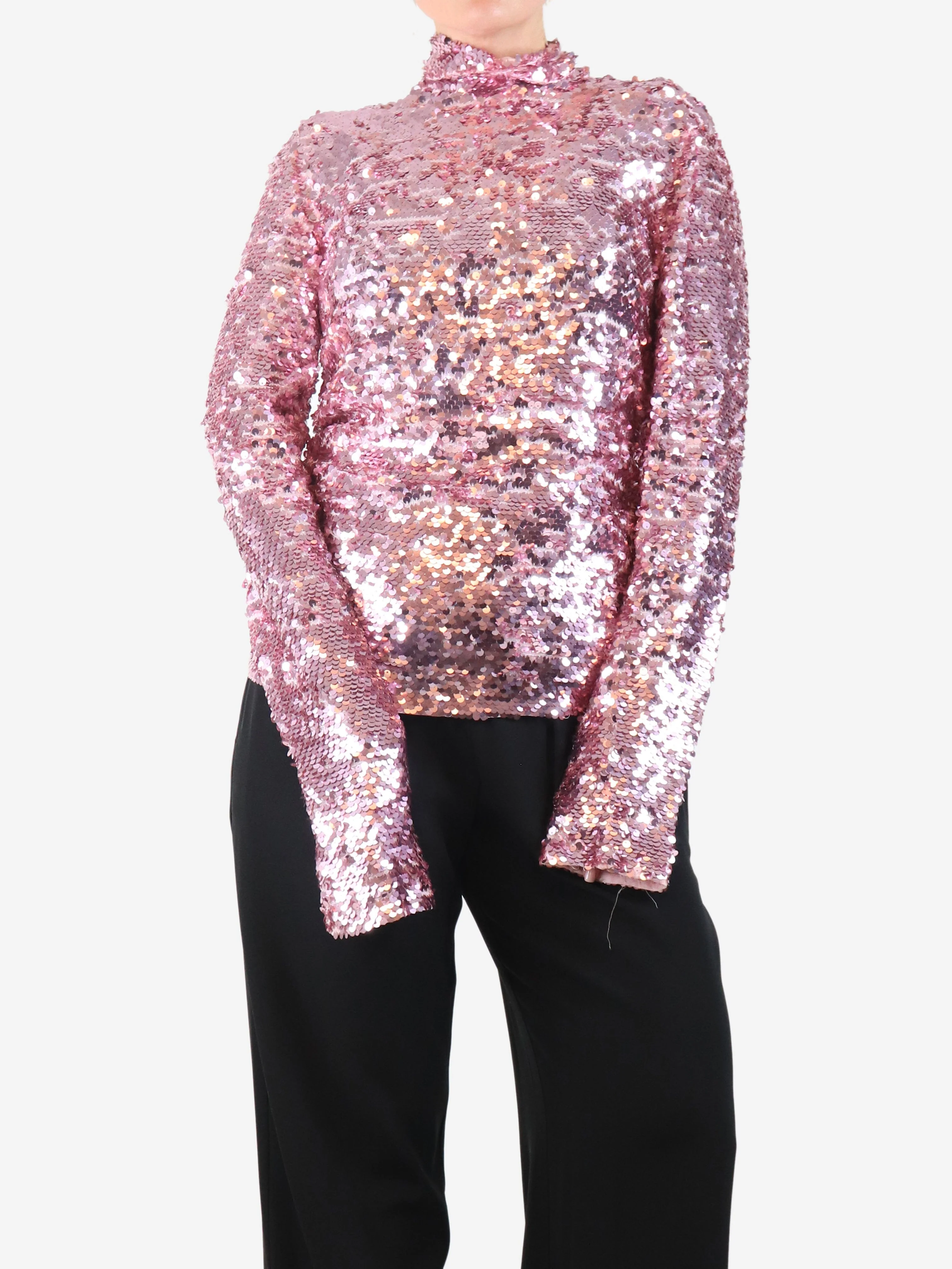 Pink long-sleeve sequin top - size UK 10