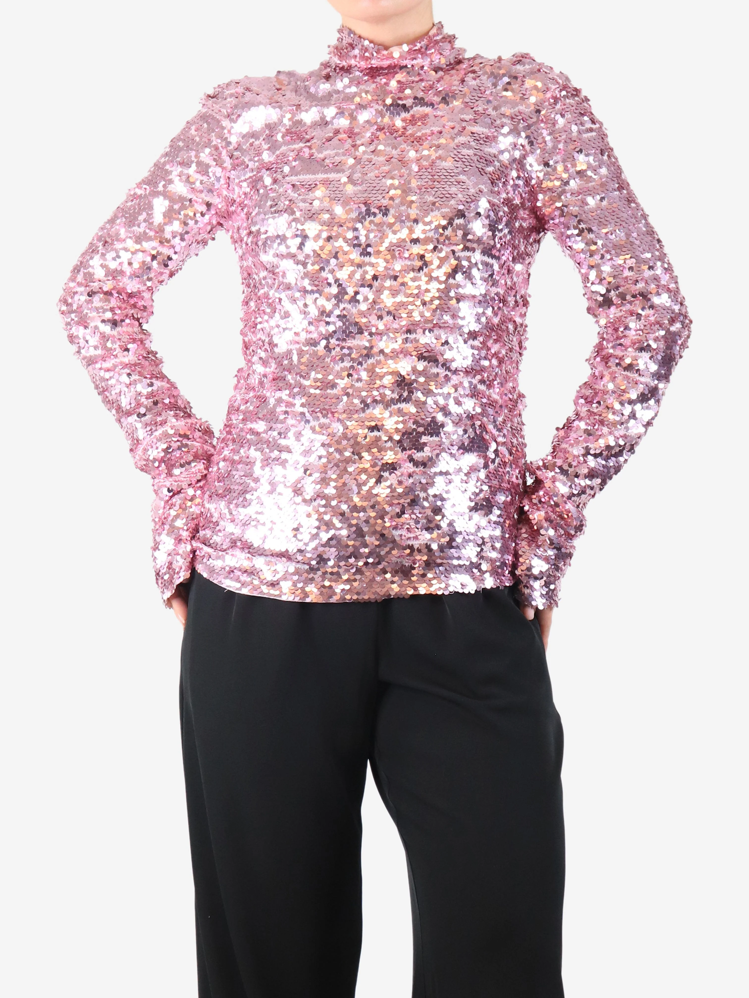 Pink long-sleeve sequin top - size UK 10 - Image 3