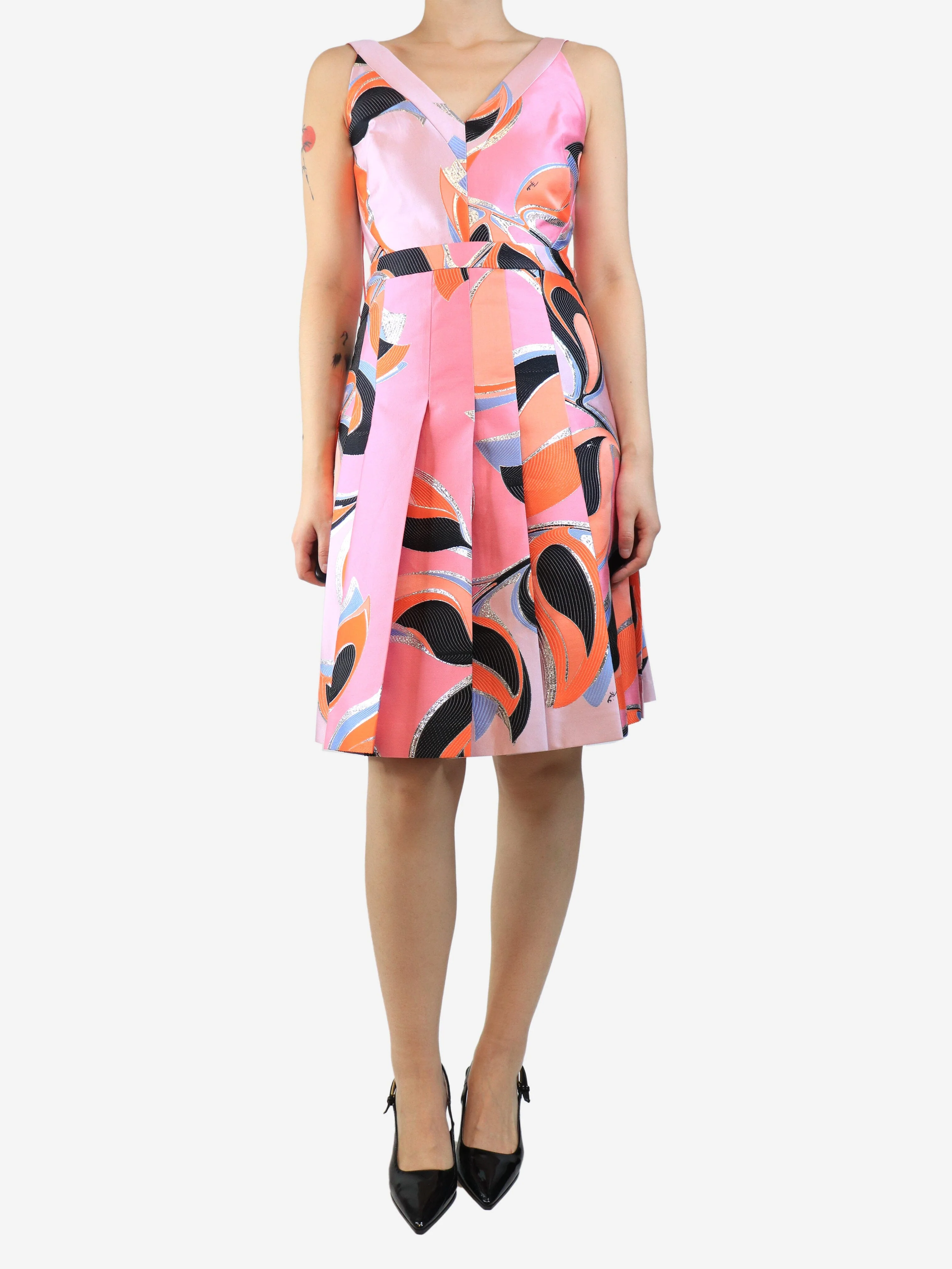 Pink sleeveless printed lurex a-line dress - size UK 8