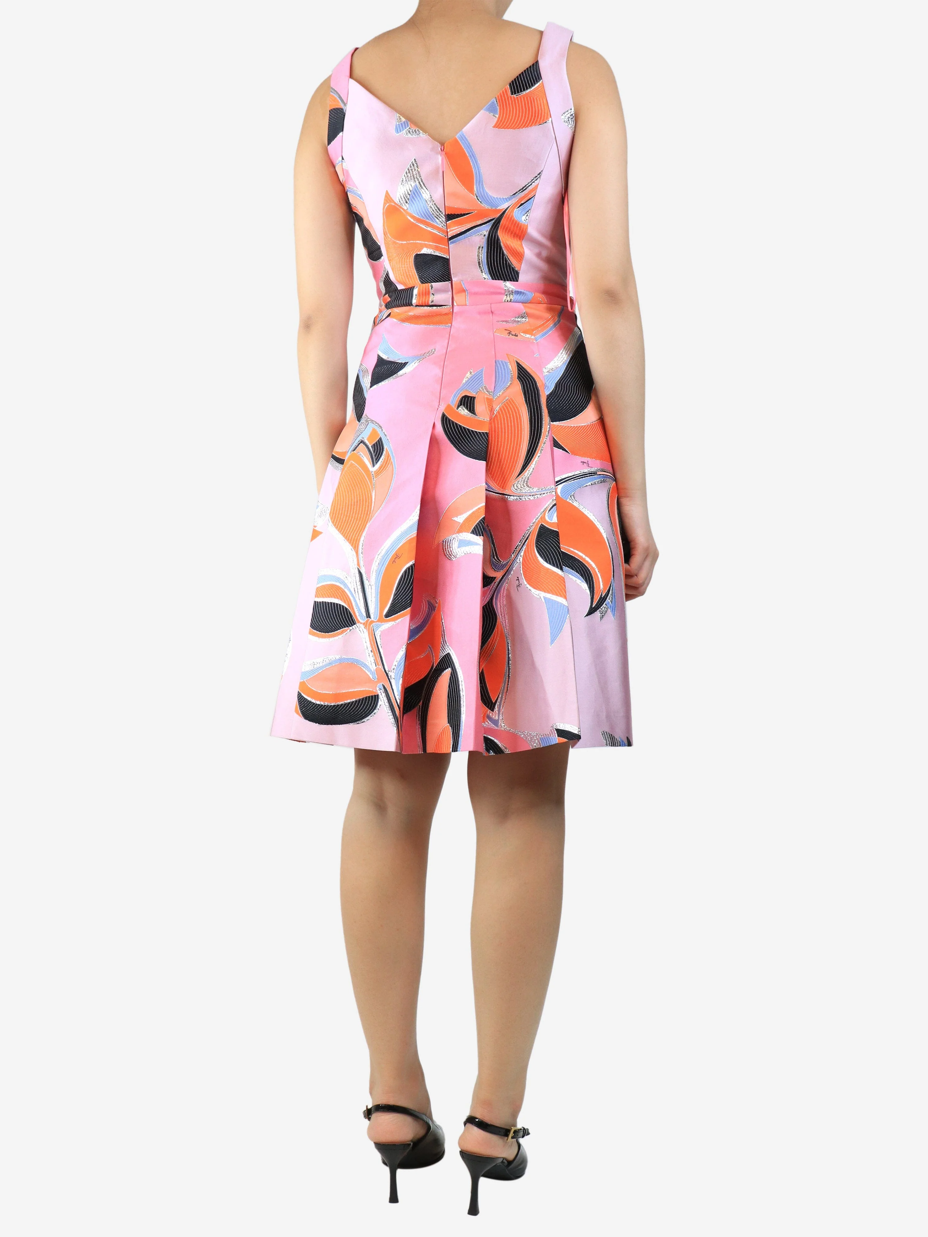 Pink sleeveless printed lurex a-line dress - size UK 8 - Image 2