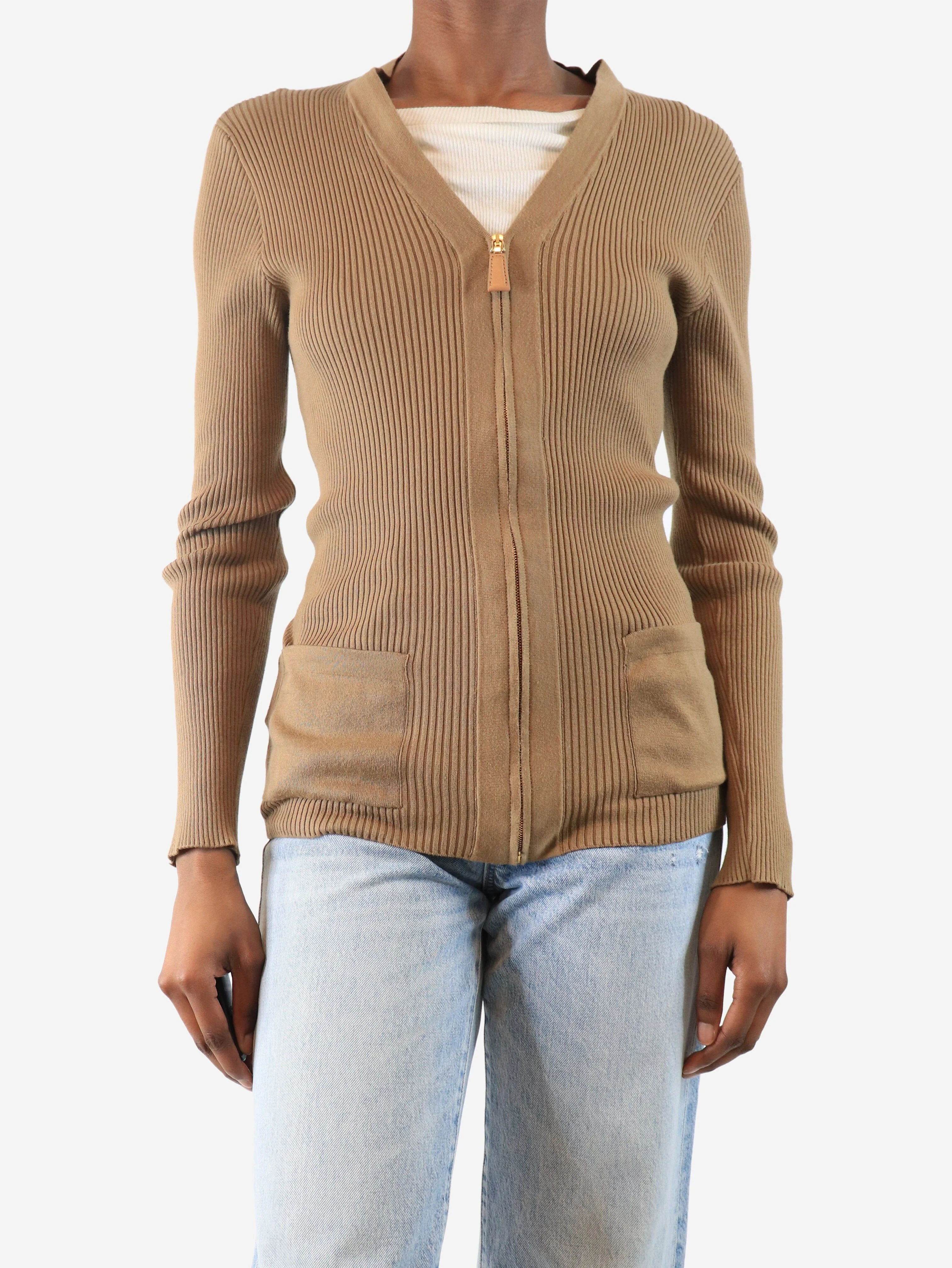 Caramel ribbed zip cardigan - size UK 6 - Image 3