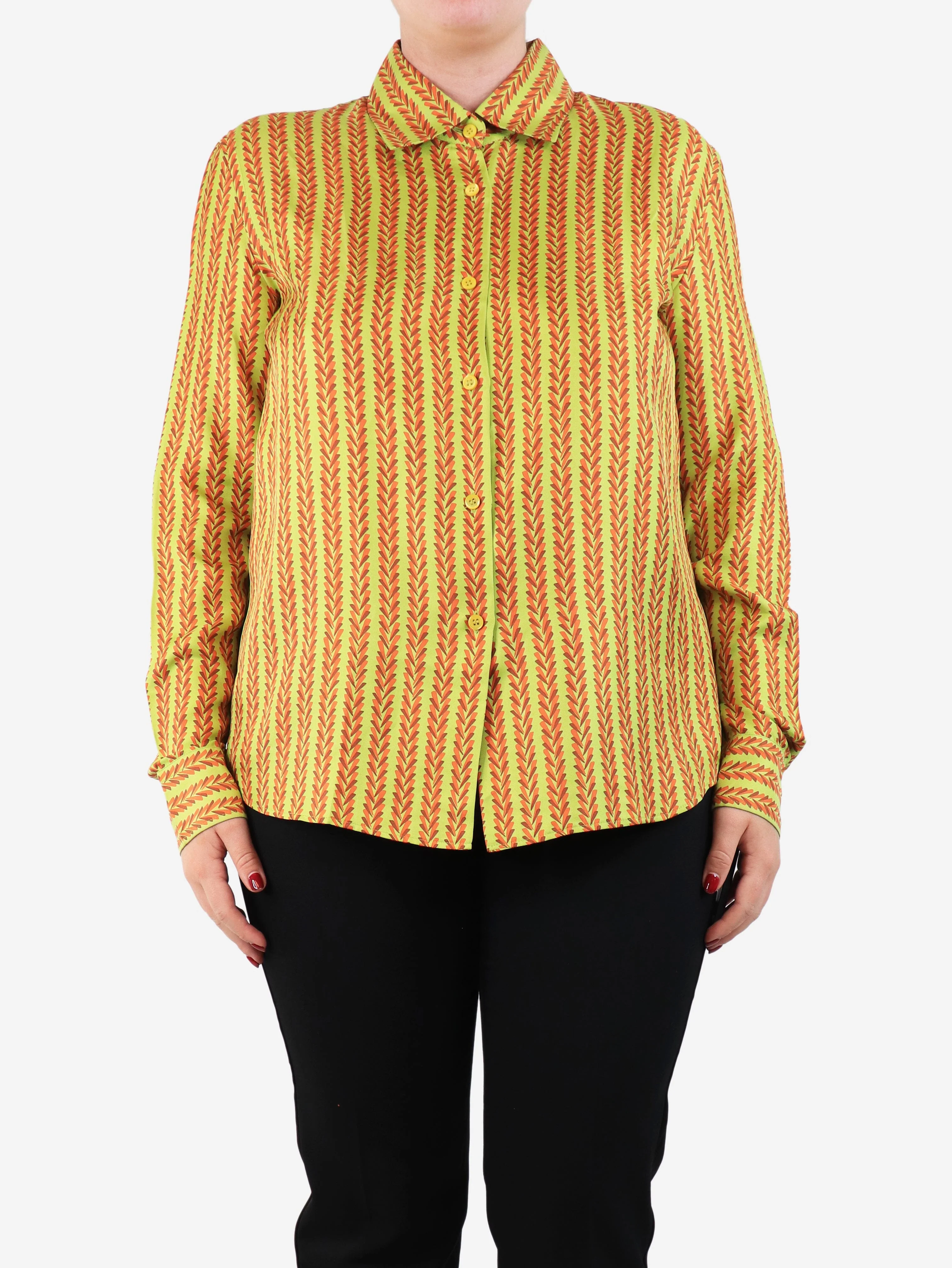 Green silk printed shirt - size UK 14