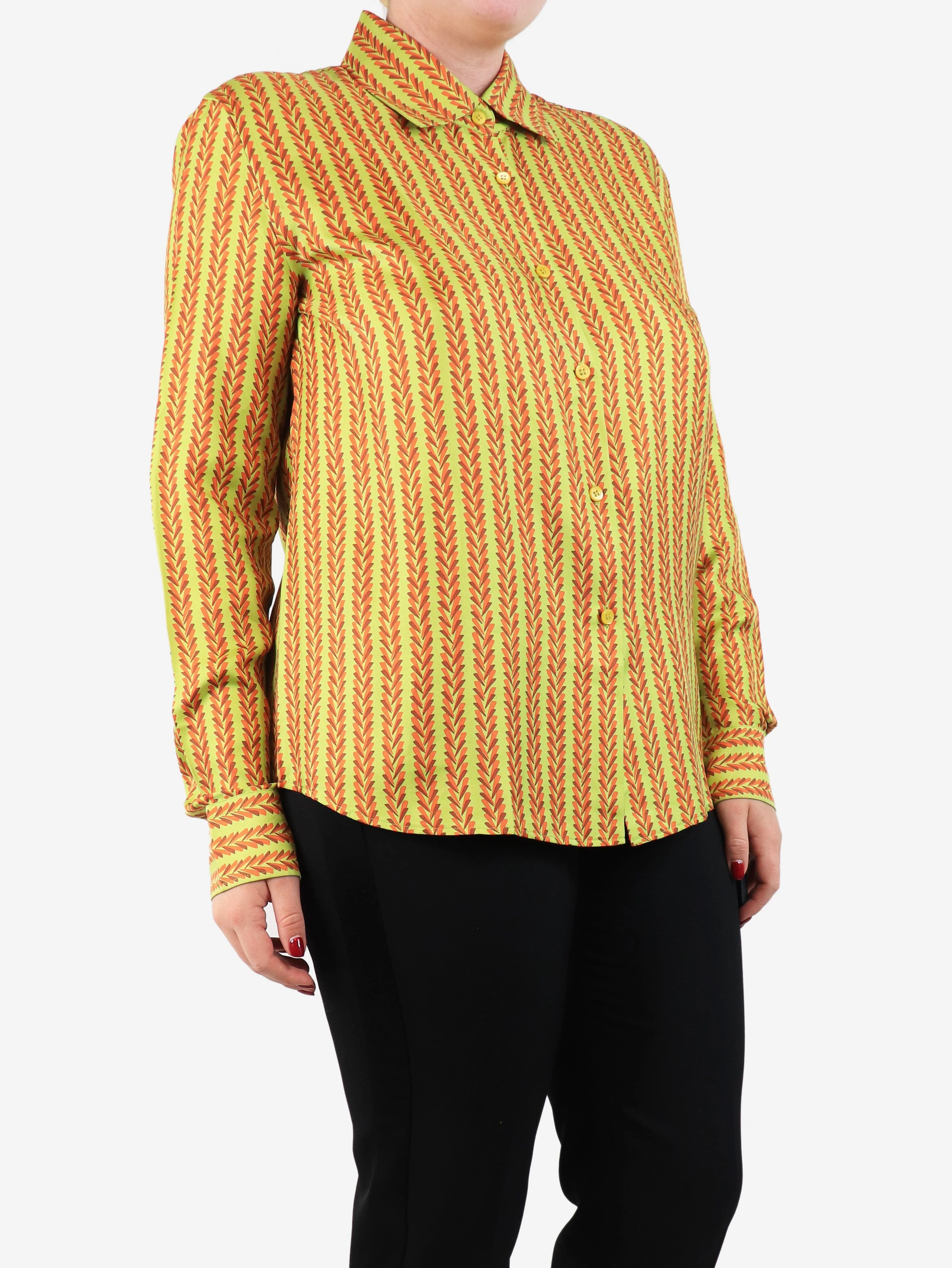 Green silk printed shirt - size UK 14 - Image 3