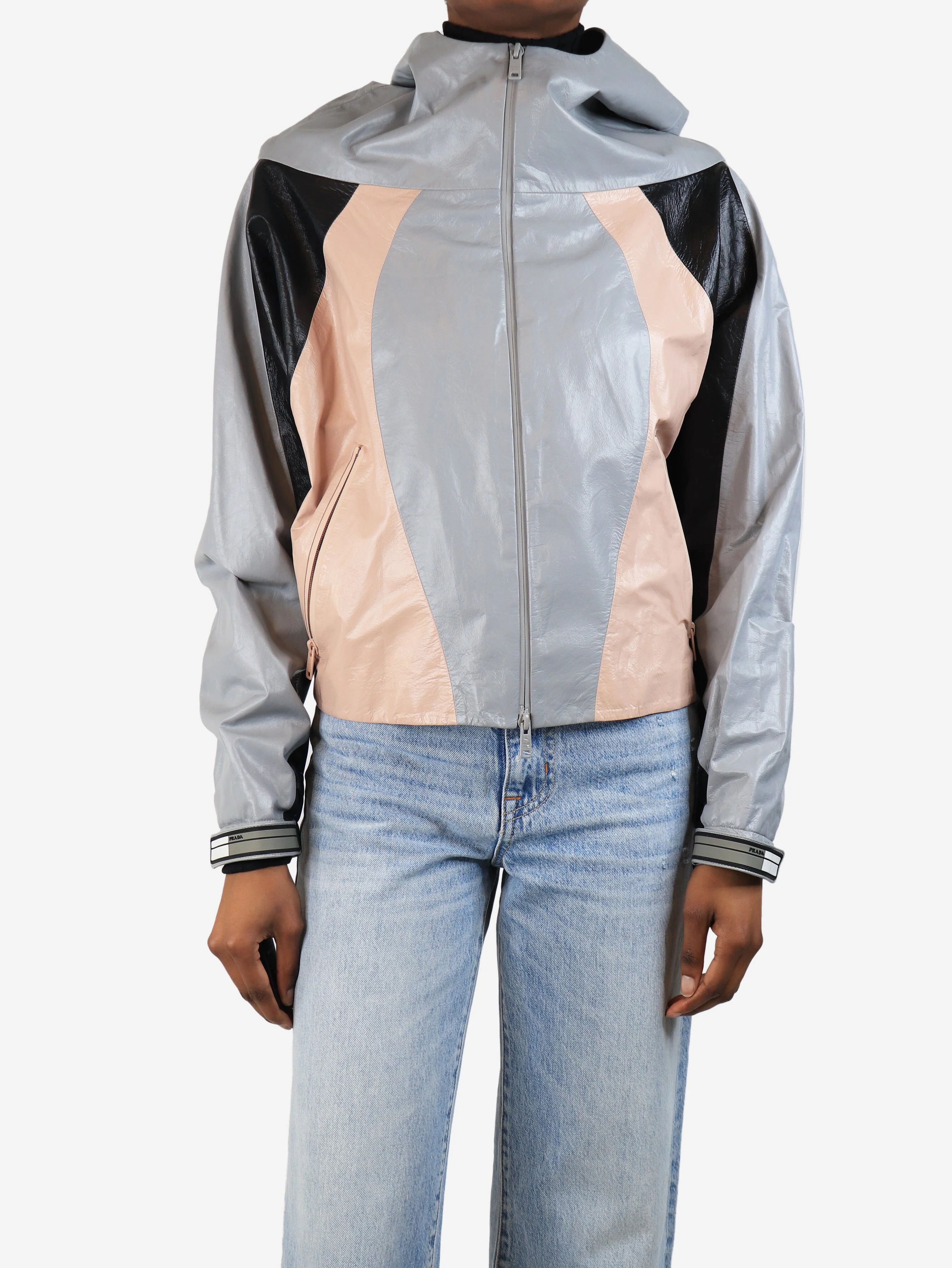 Grey colour block hooded leather jacket - size UK 6