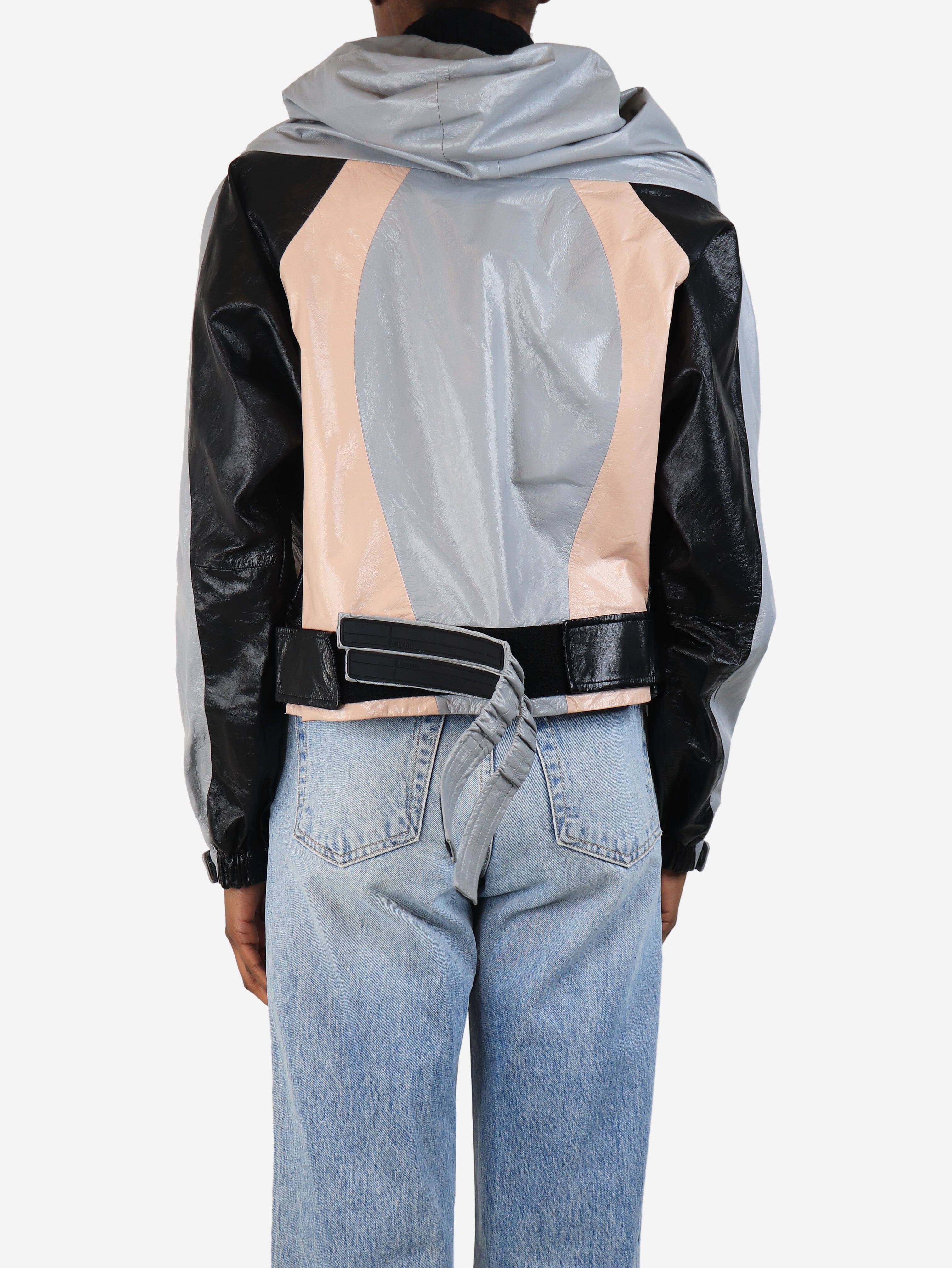 Grey colour block hooded leather jacket - size UK 6 - Image 2