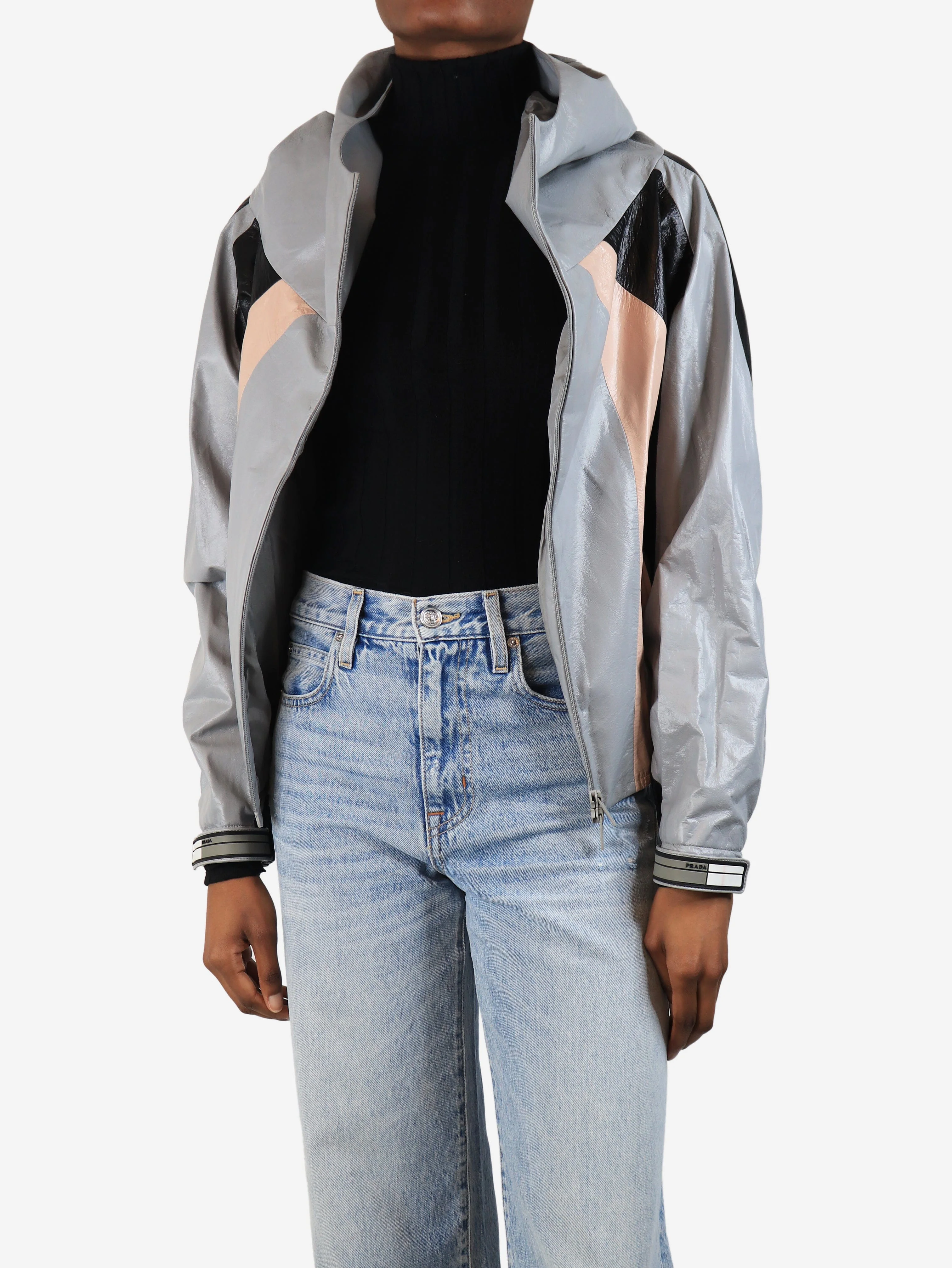 Grey colour block hooded leather jacket - size UK 6 - Image 3