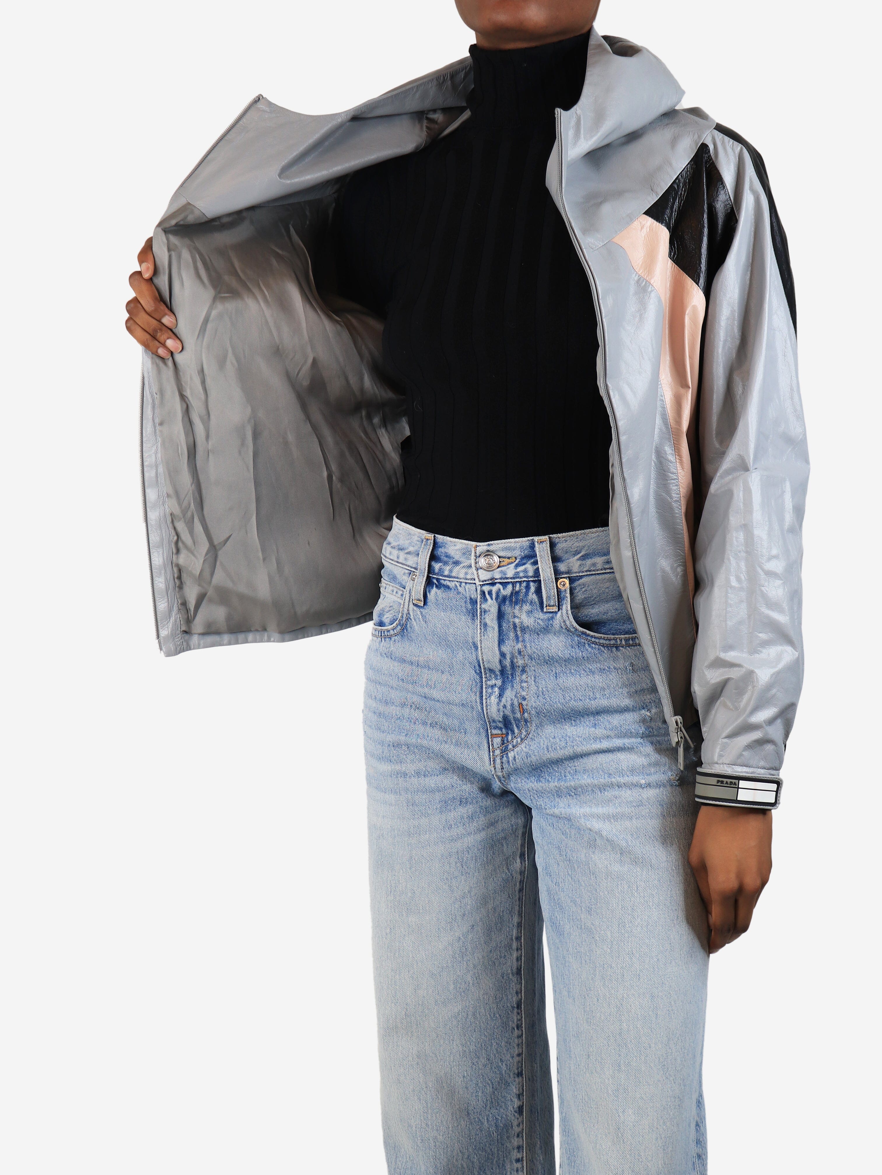 Grey colour block hooded leather jacket - size UK 6 - Image 4