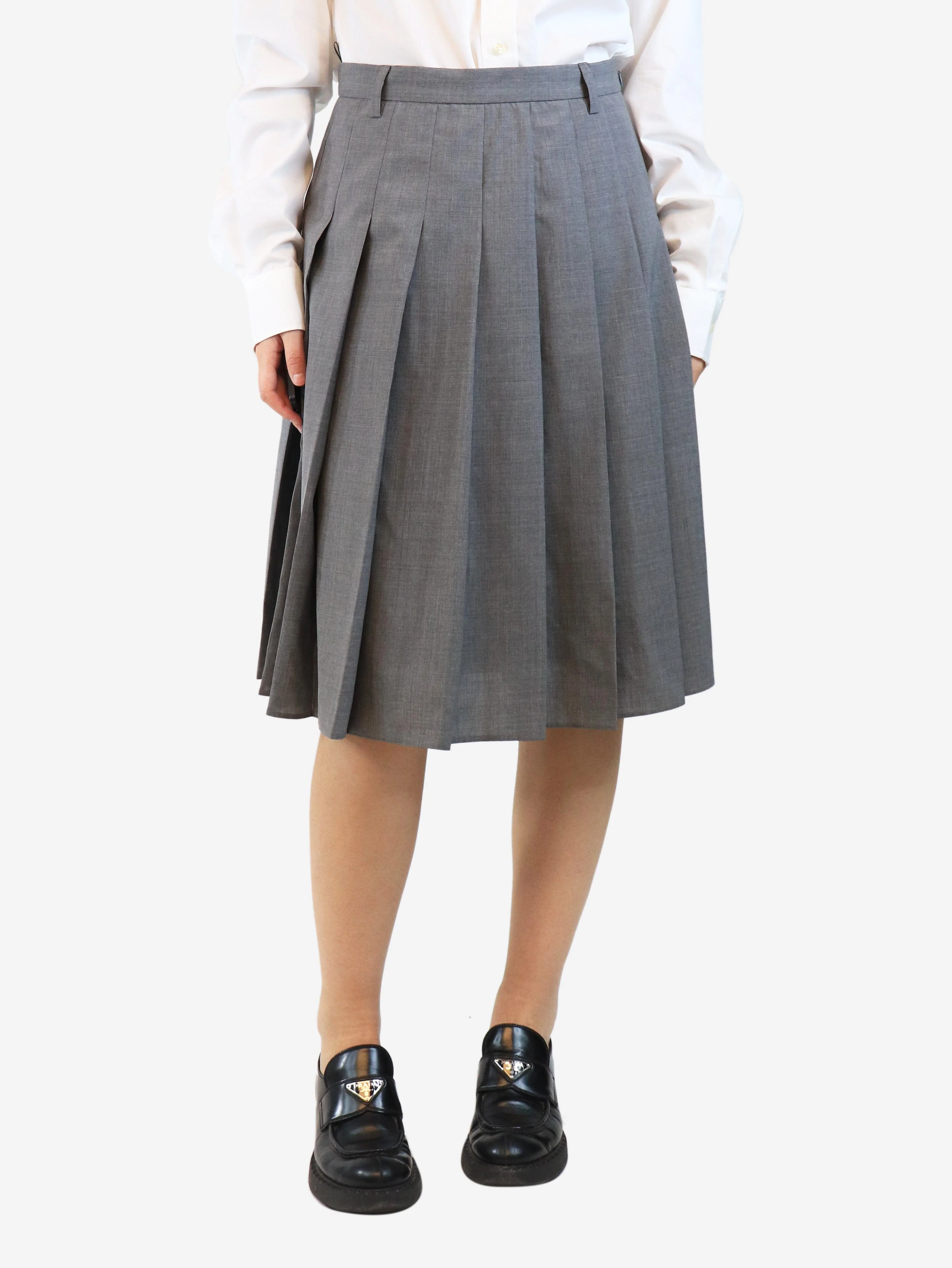 Grey pleated wool midi skirt - size UK 10