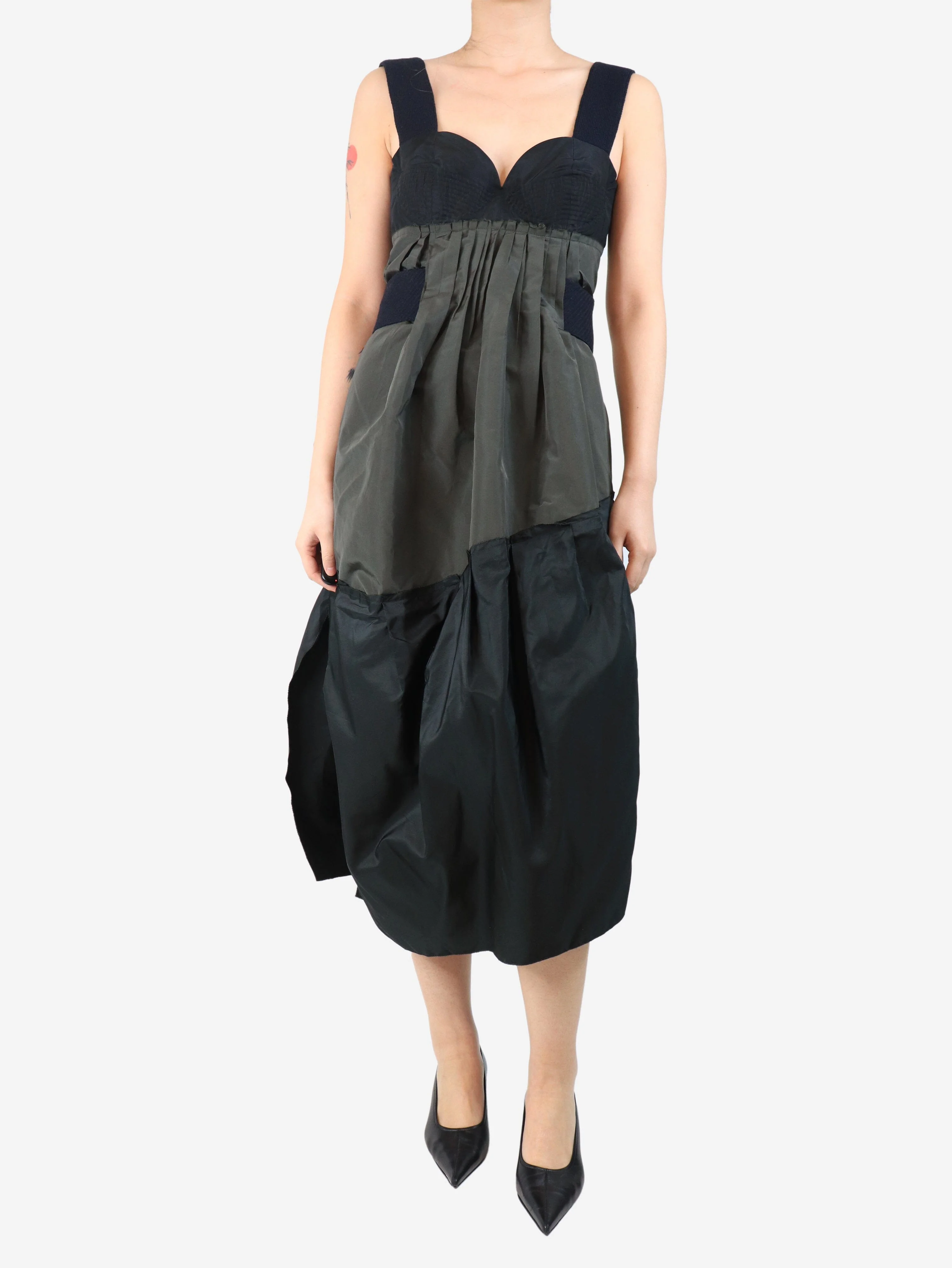 Khaki and black contrast midi dress - size UK 10