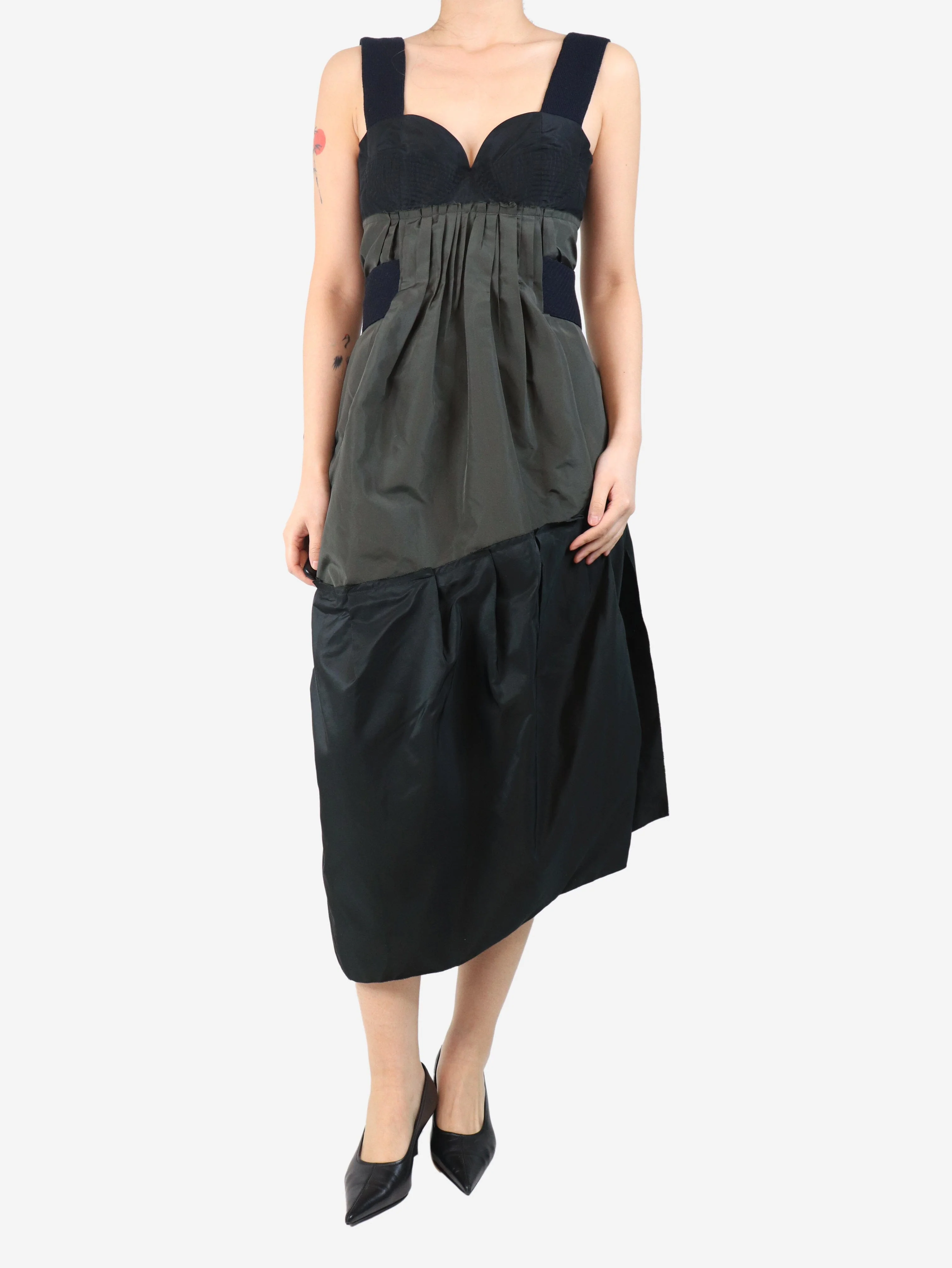 Khaki and black contrast midi dress - size UK 10 - Image 3