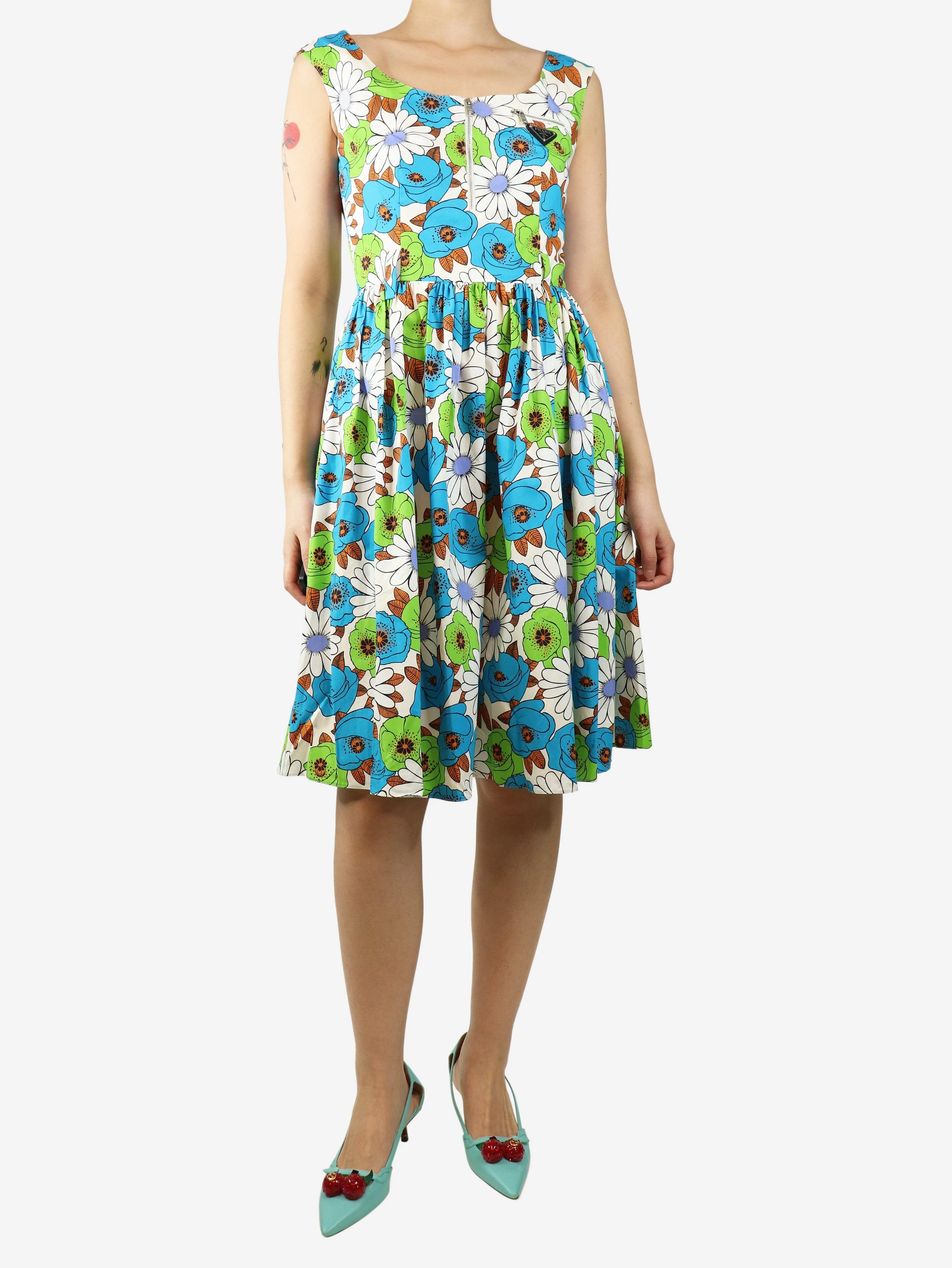 Multicolour sleeveless floral printed midi dress - size UK 8