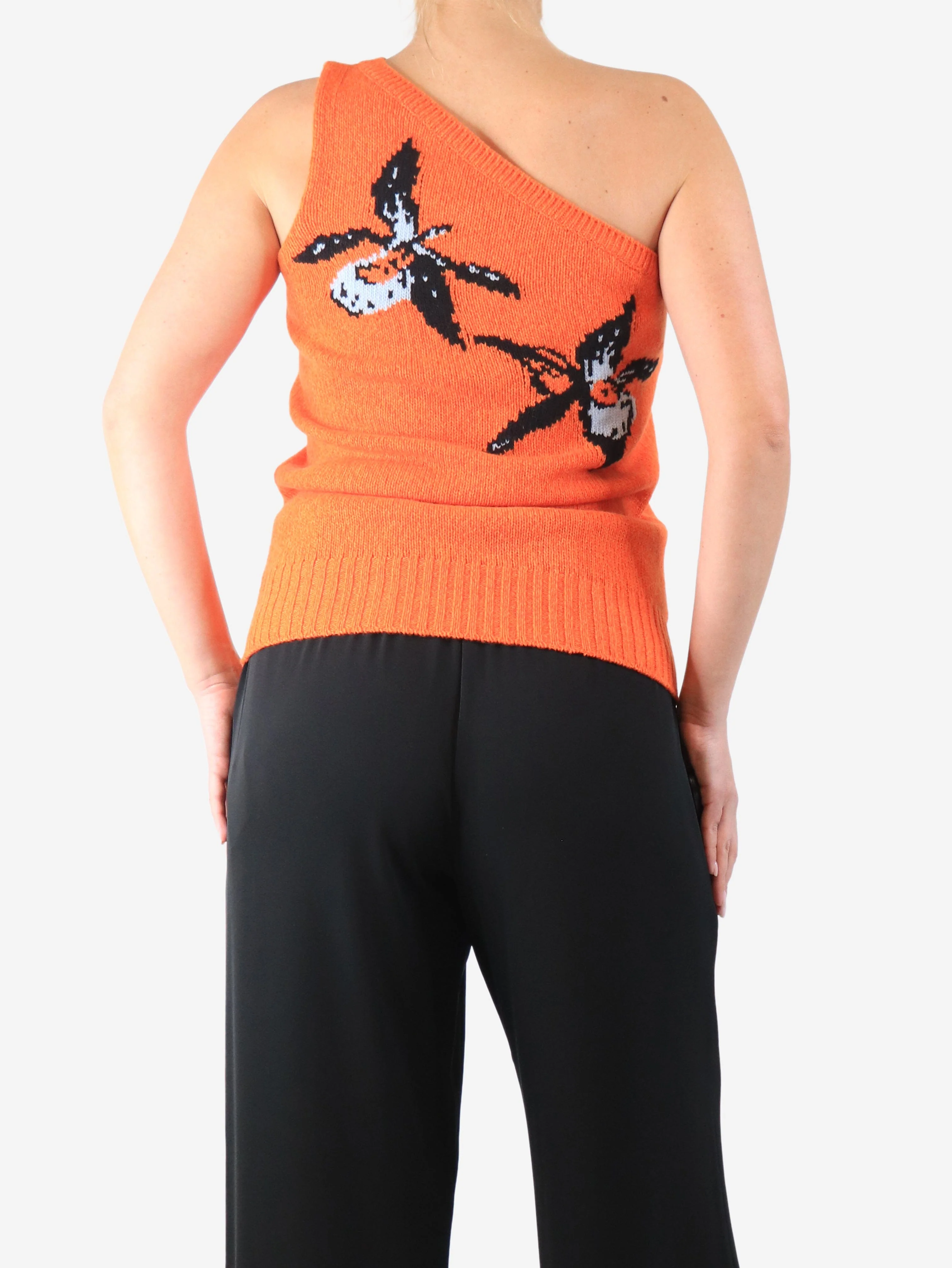 Orange knit flower detail one shoulder top - size UK 8 - Image 2