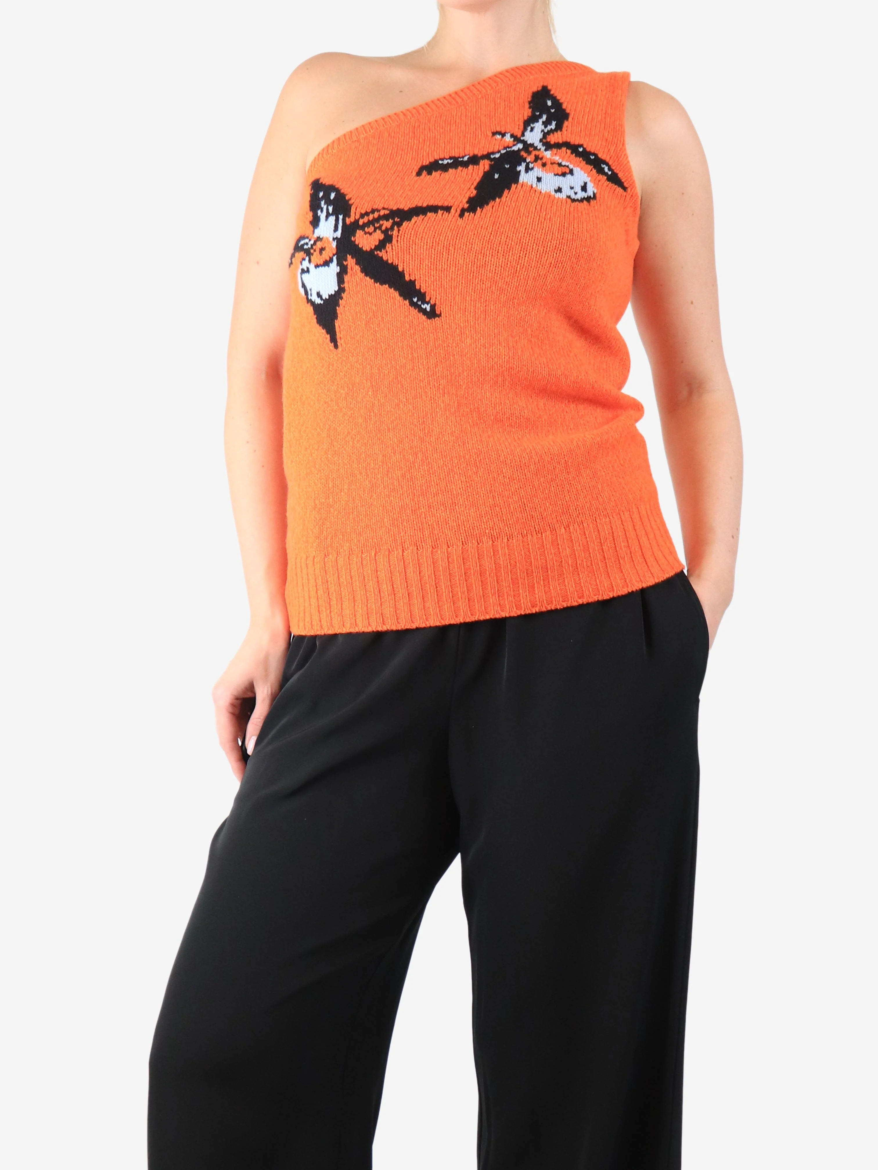 Orange knit flower detail one shoulder top - size UK 8 - Image 3