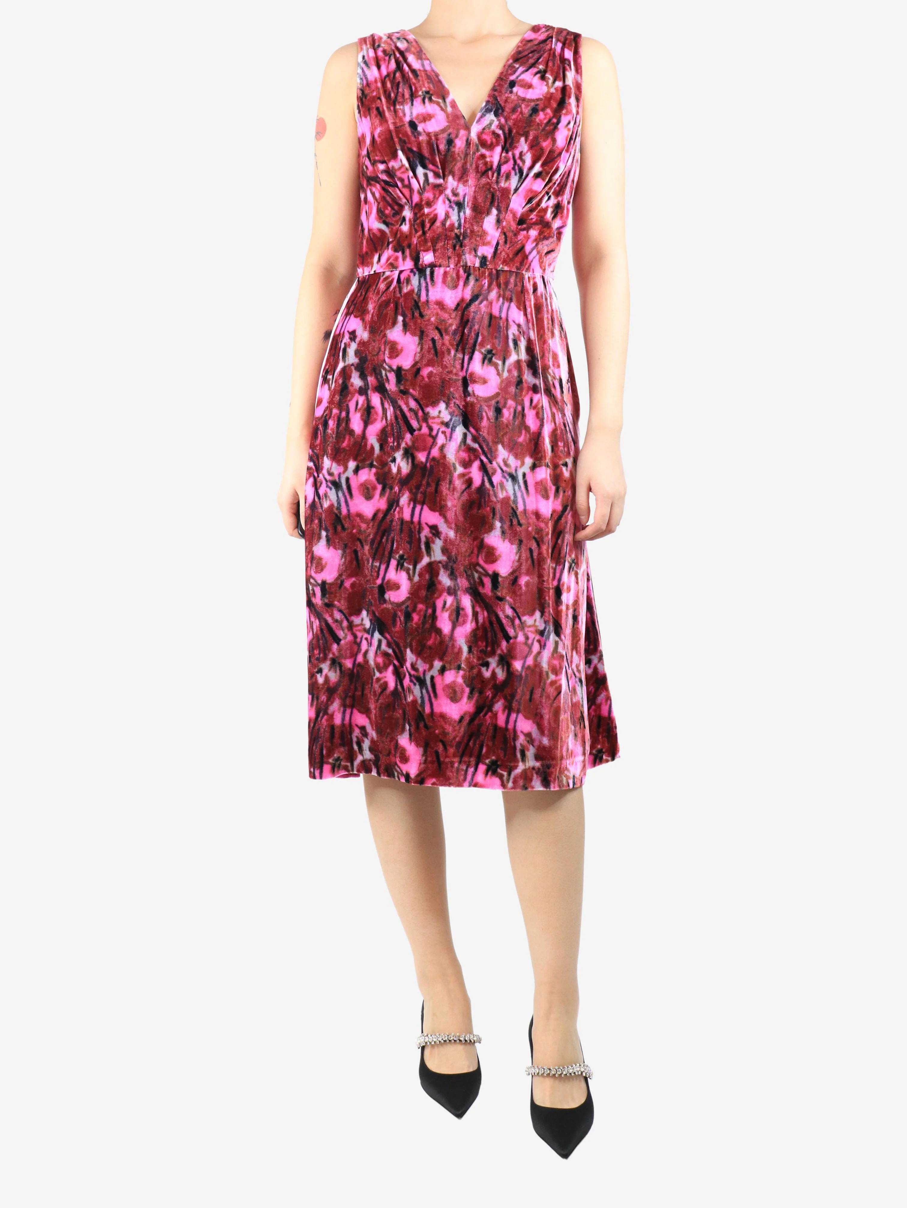 Pink sleeveless velvet midi dress - size UK 10