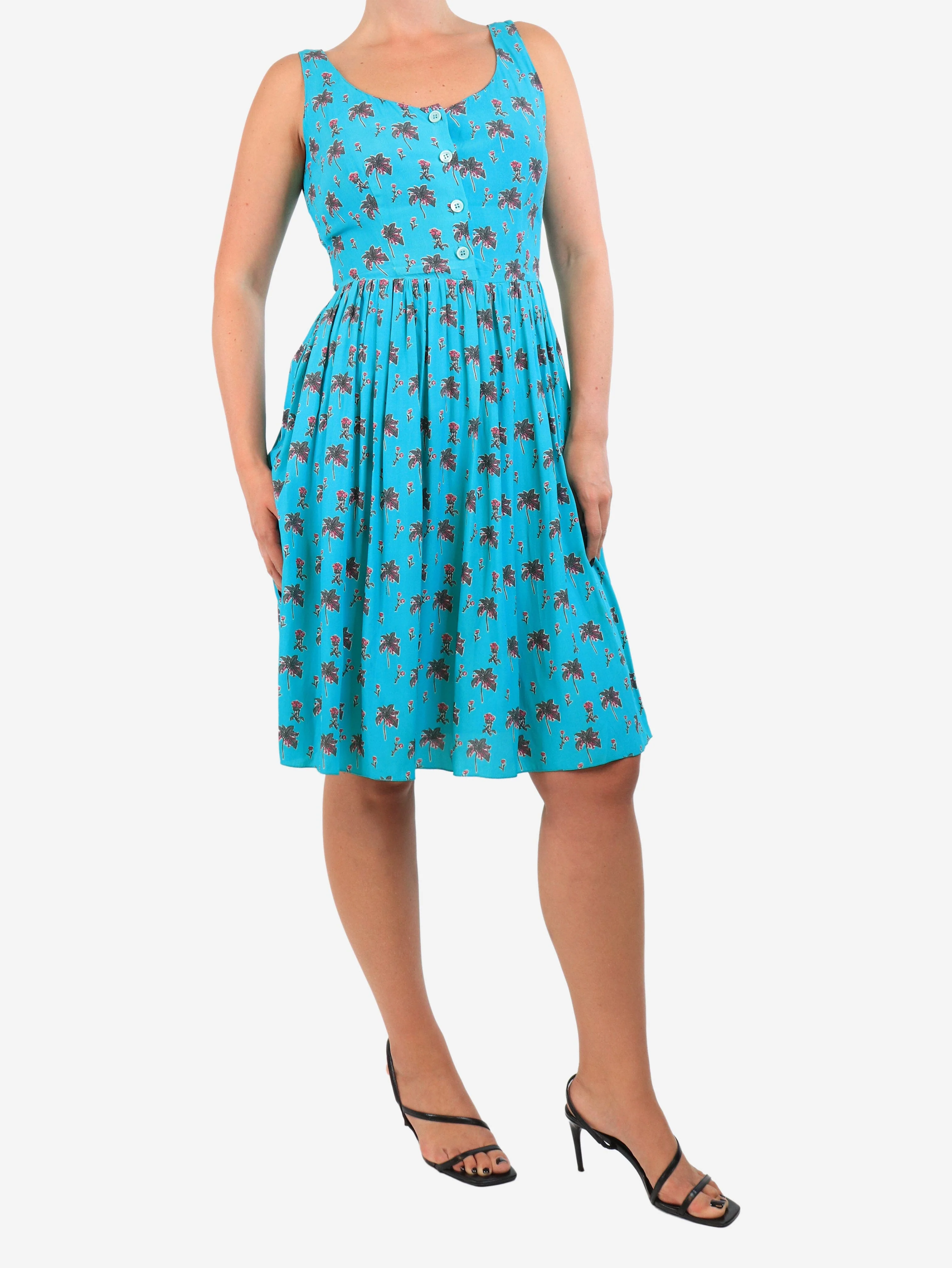 Turquoise sleeveless floral printed dress - size UK 8