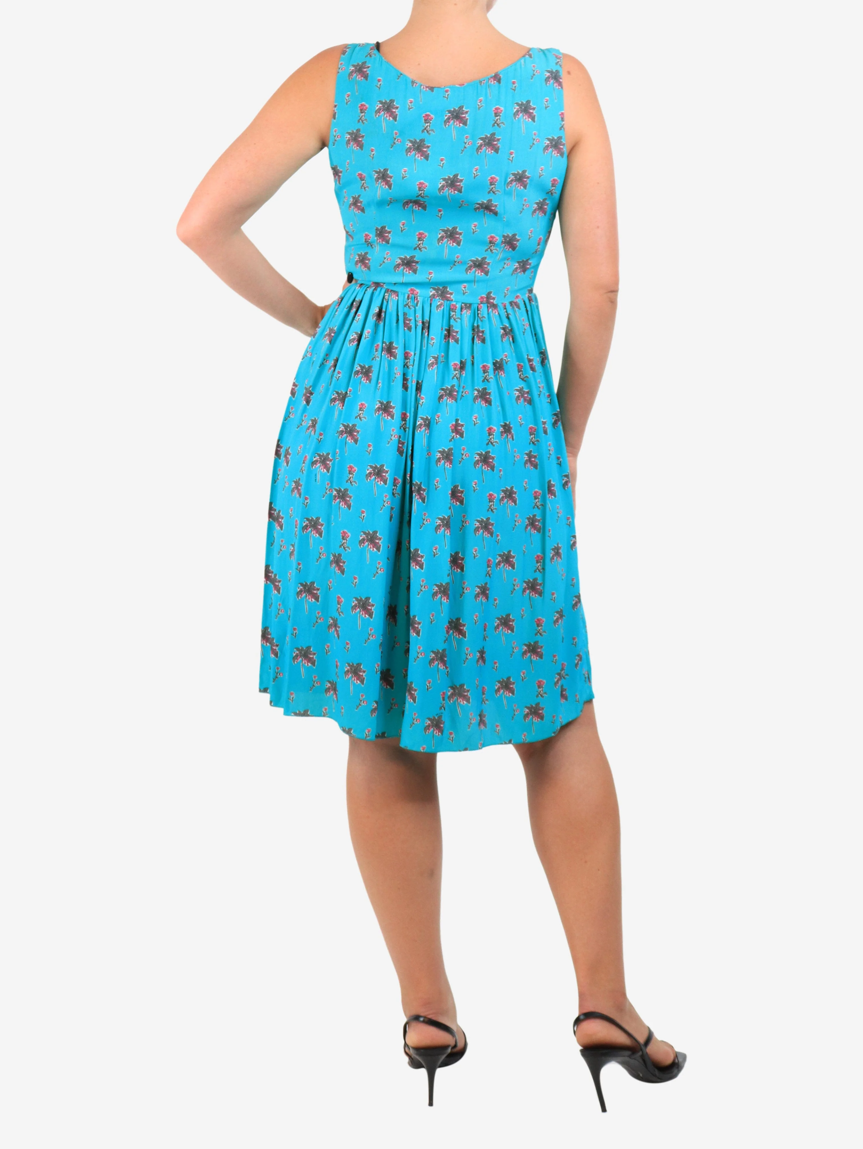 Turquoise sleeveless floral printed dress - size UK 8 - Image 2