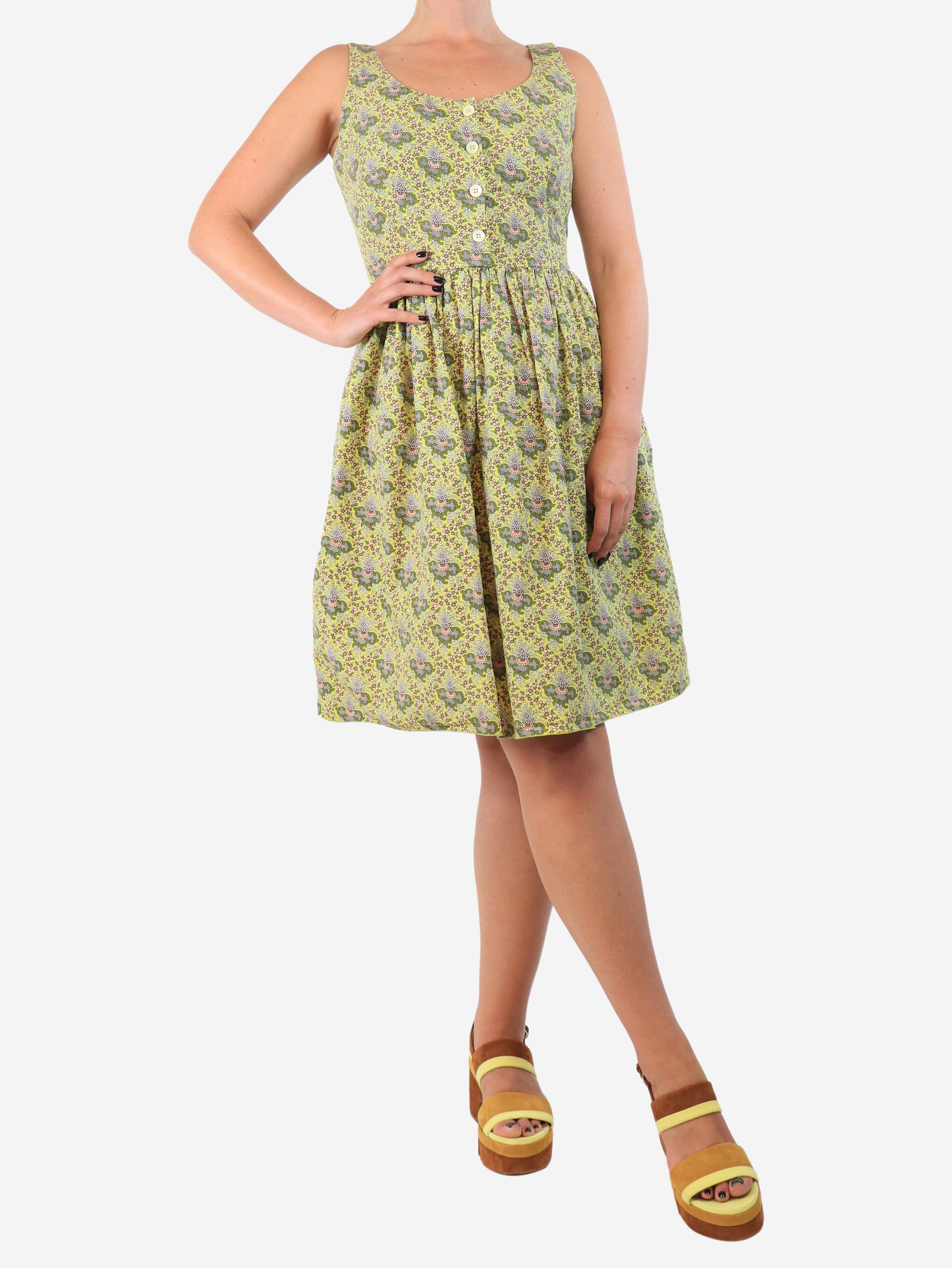 Yellow sleeveless printed mini dress - size UK 8