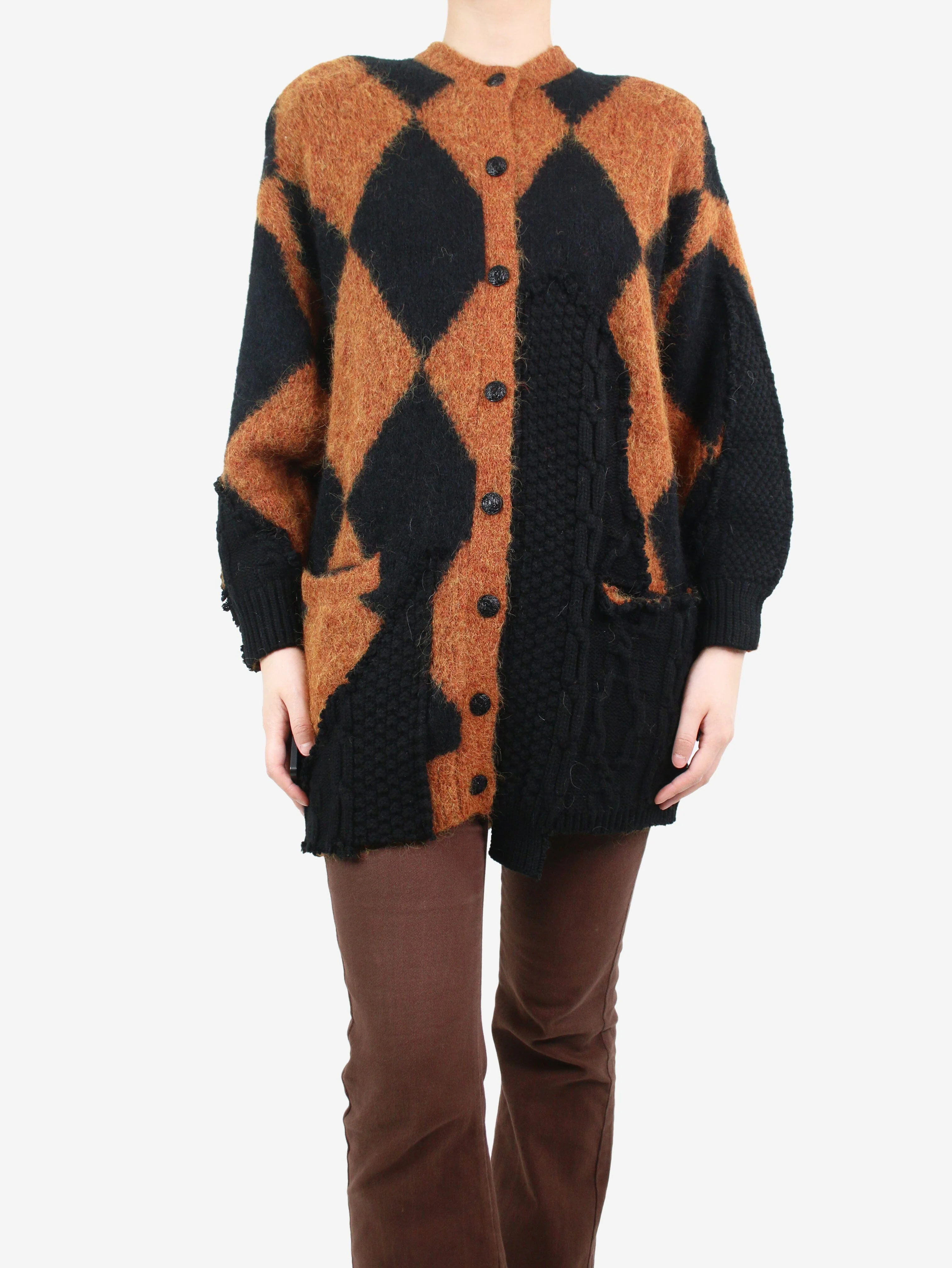 Brown patchwork diamond print cardigan - size S