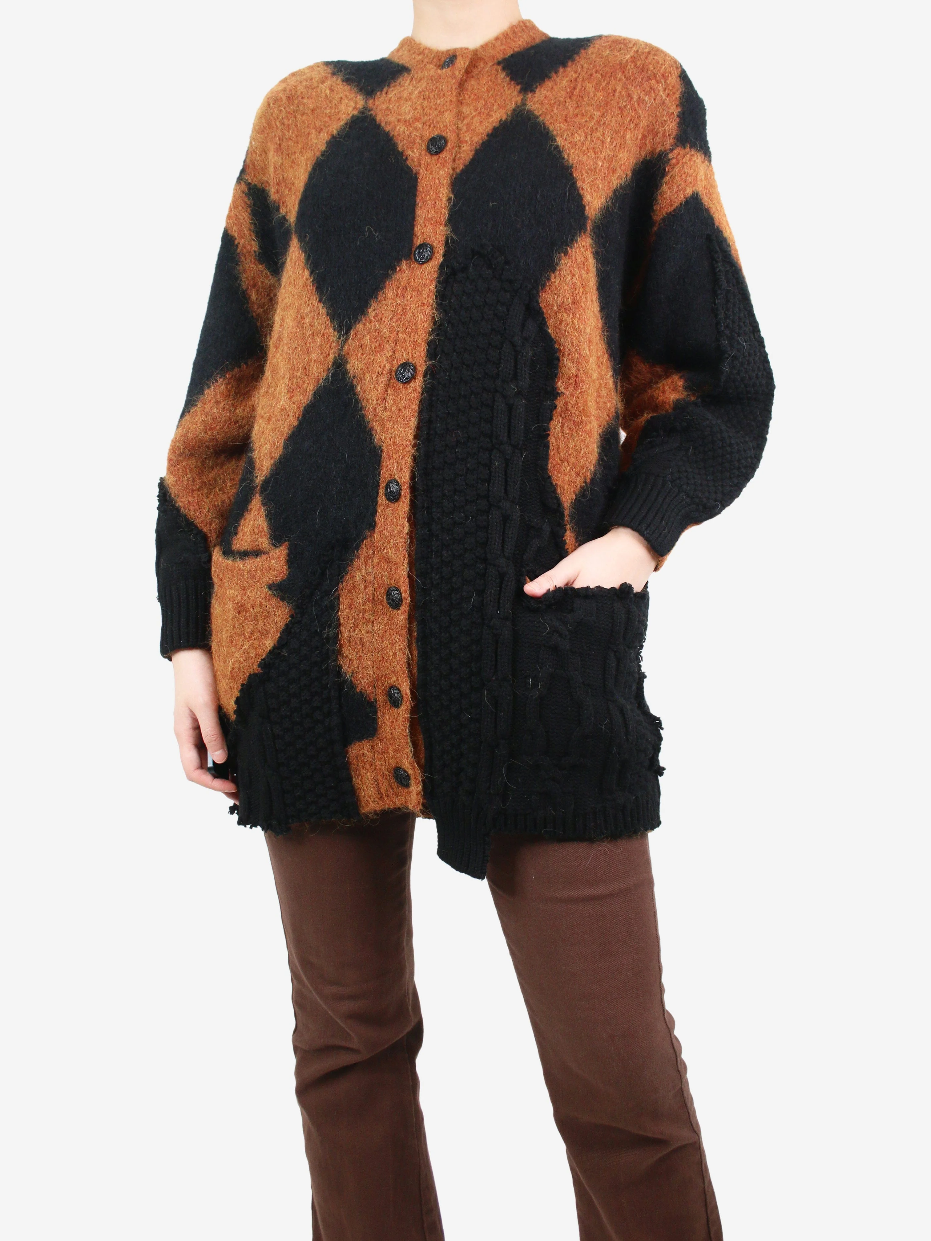 Brown patchwork diamond print cardigan - size S - Image 3