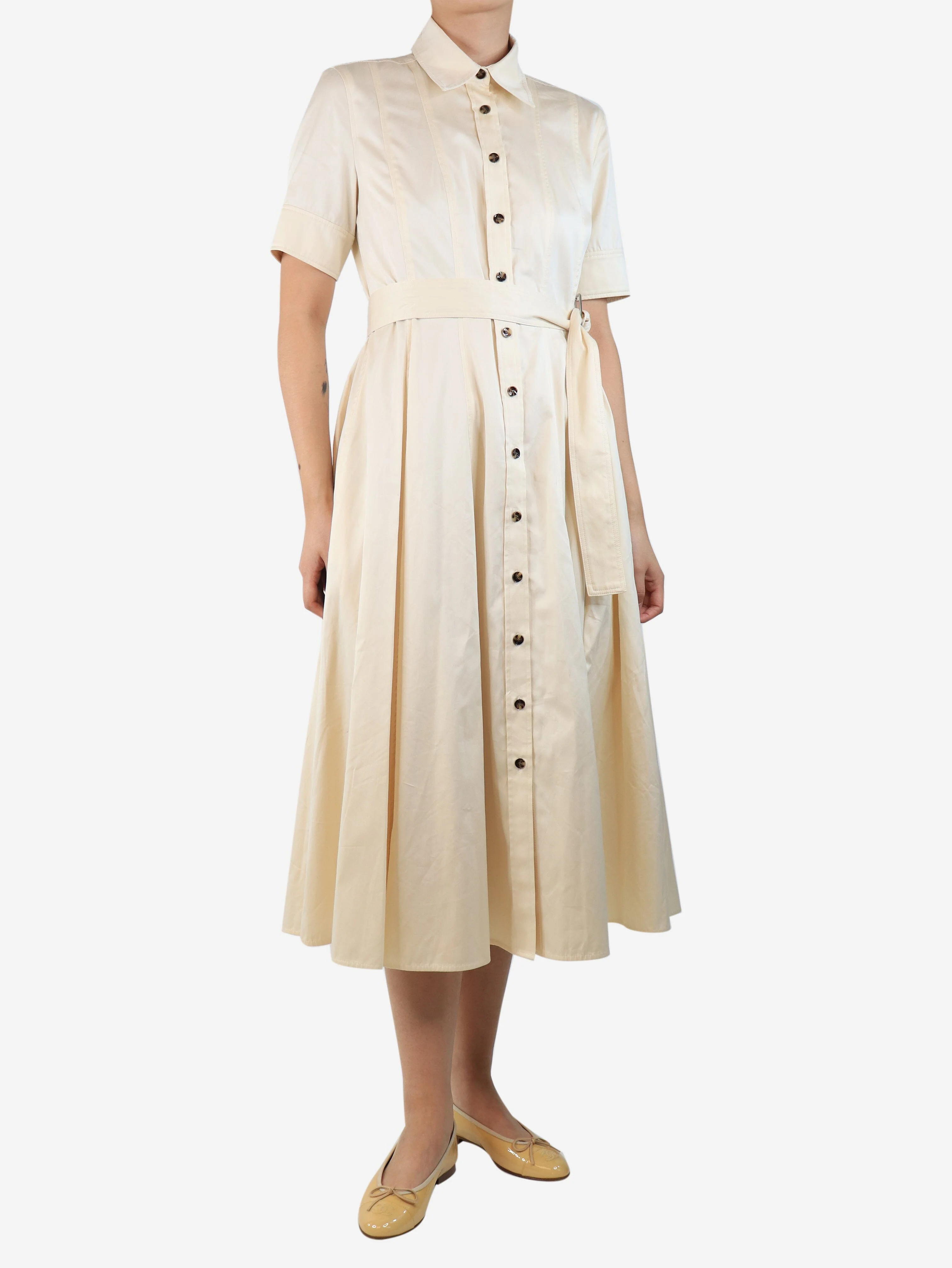 Cream belted shirt dress - size UK 10