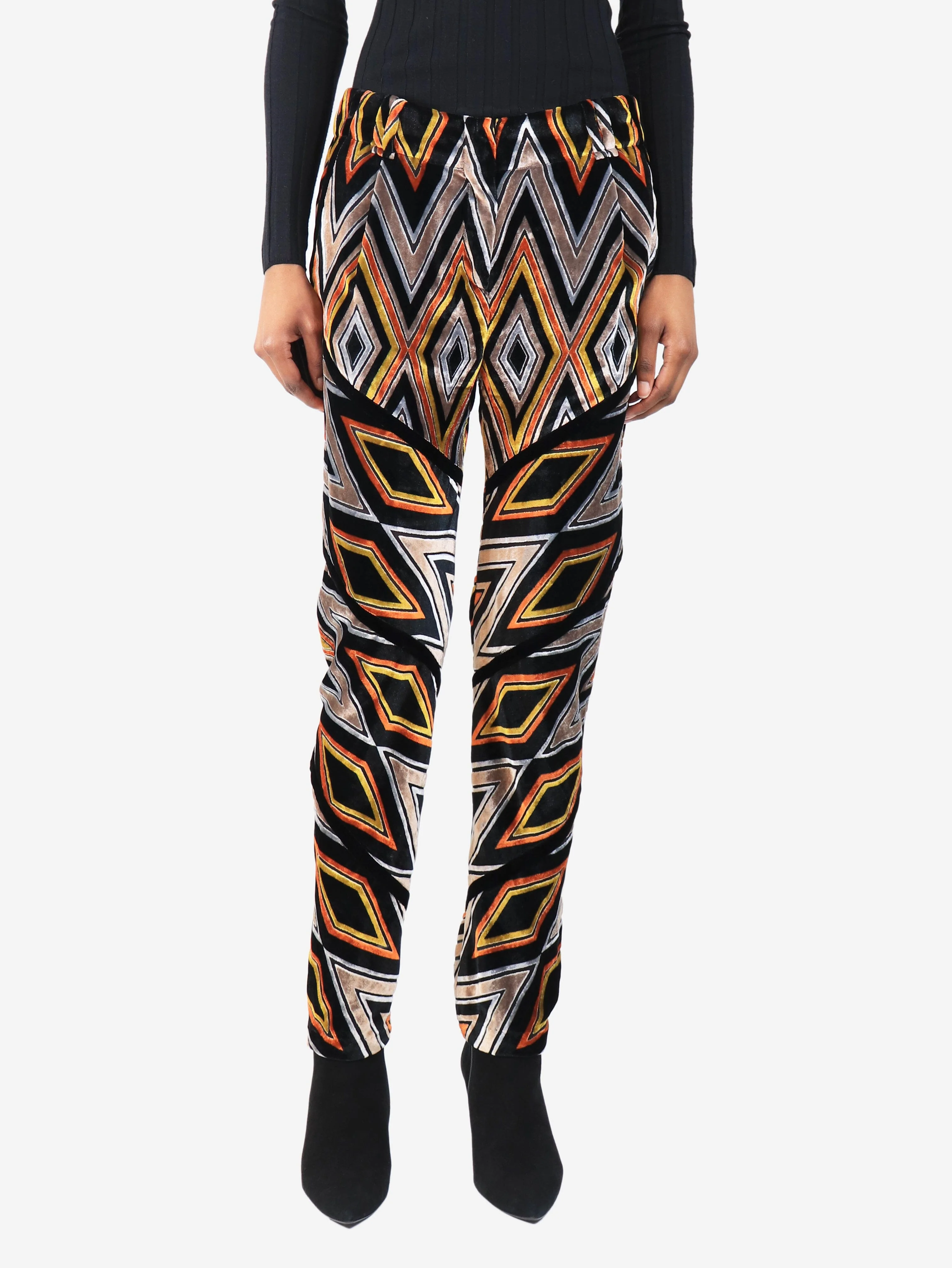 Multicolour geometric velvour trousers - size UK 8