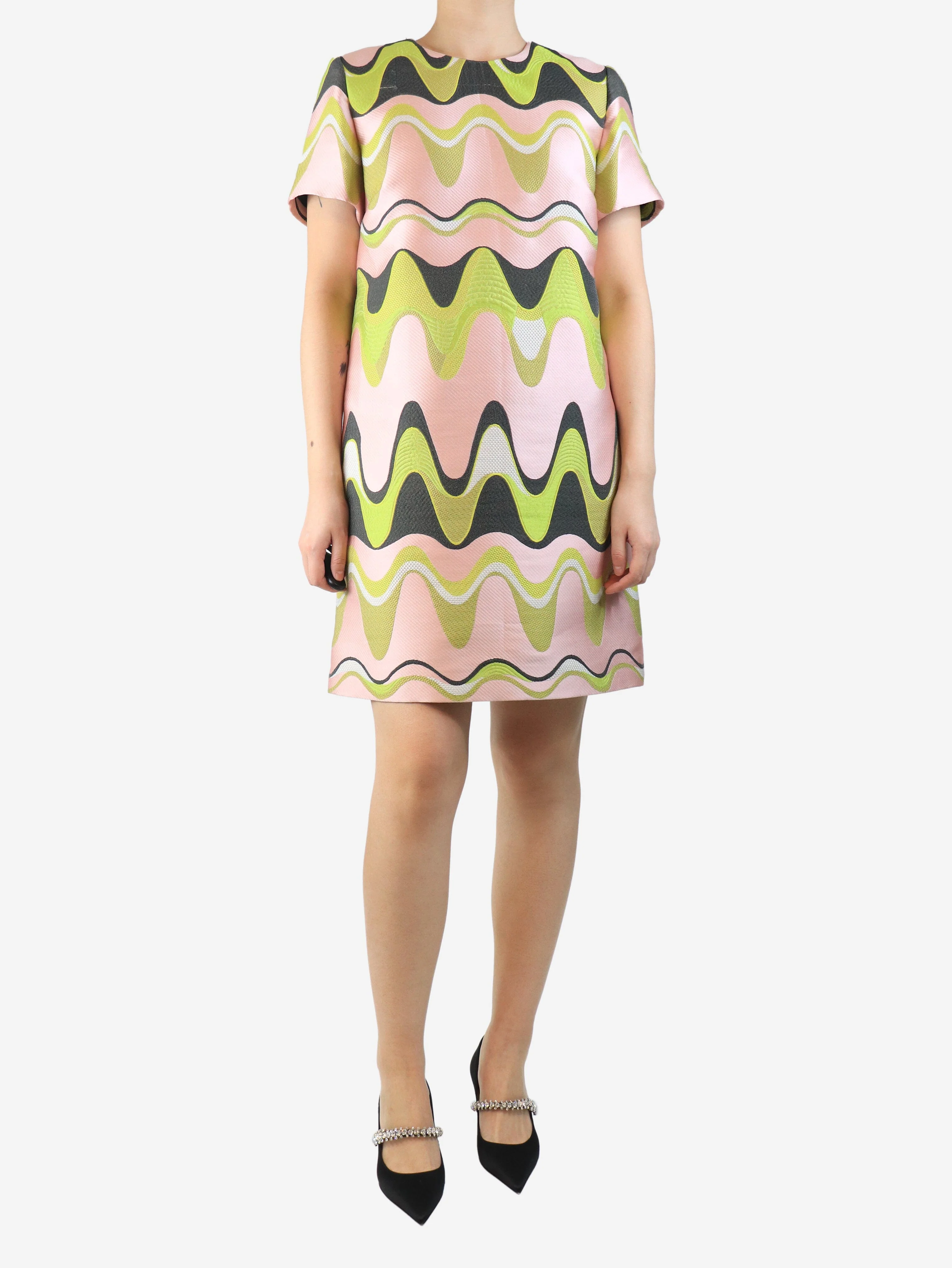 Pink and green wave jacquard shift dress - size UK 14